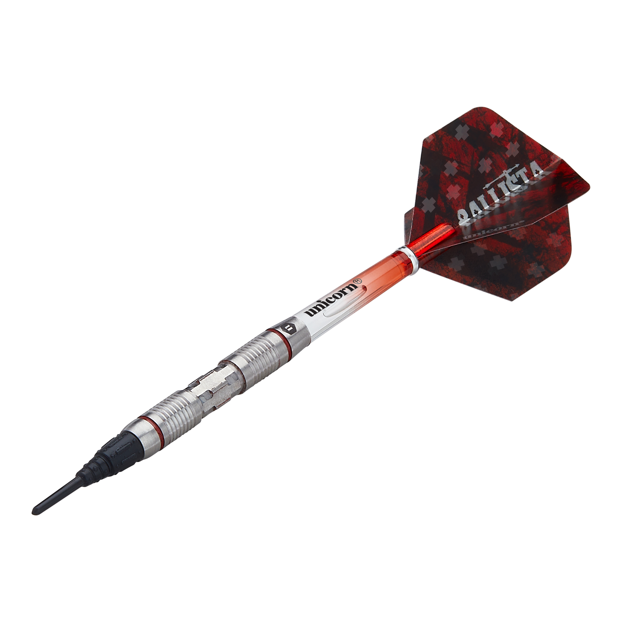 Unicorn Ballista Style 2 miękkie lotki Das Bild zeigt einen Softdart namens "Unicorn Ballista Style 2". Der Dart hat einen silbernen Schaft, einen roten Flight mit dem Schriftzug "BALLISTA" und eine schwarze Spitze.