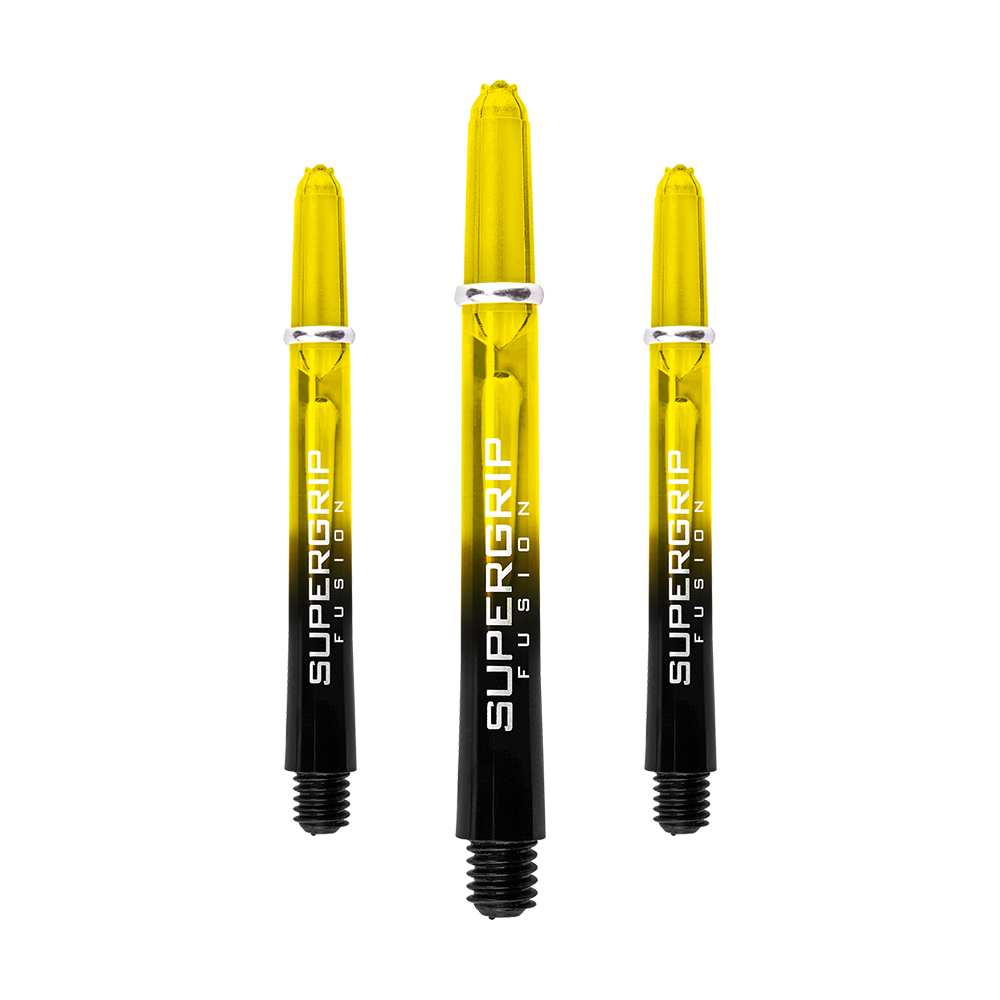 HR350_Harrows_Supergrip_Fusion_Shafts_Gelb_47mm_1Y7TyKh4iC0aVF Das Bild zeigt drei Harrows Supergrip Fusion Shafts in Gelb. Die Shafts sind gelb-schwarz gefärbt und tragen den Aufdruck "SUPERGRIP FUSION".