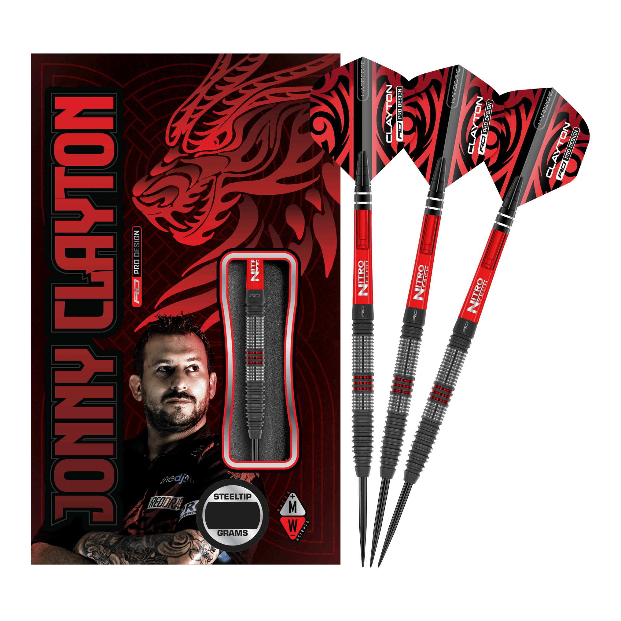 Stalowe strzałki Red Dragon Jonny Clayton Hiraeth Das Bild zeigt das Produkt "Red Dragon Jonny Clayton Hiraeth Steeldarts" mit drei Steeldarts und einer auffälligen Verpackung. Auf der Verpackung sind ein Porträt von Jonny Clayton und ein roter Drachen abgebildet.