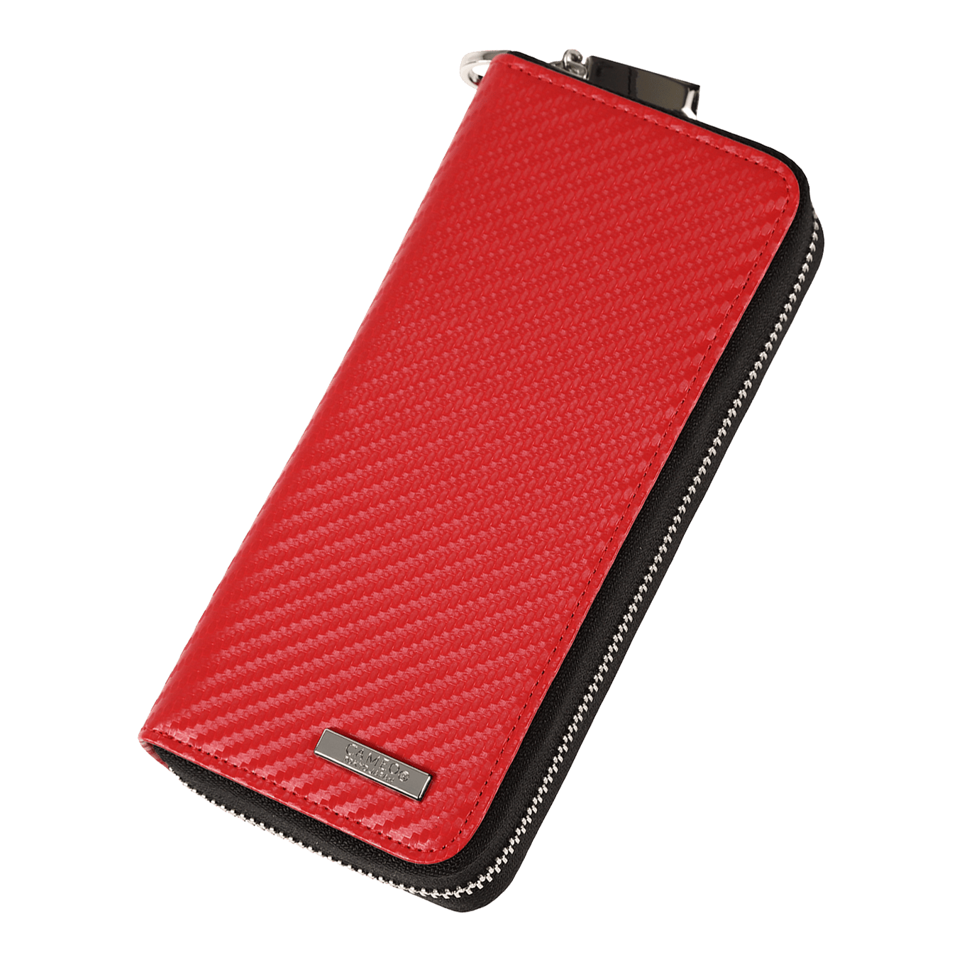 Przypadek biznesowy Cameo Pro3 Das Bild zeigt ein rotes Etui mit einer strukturierten Oberfläche und einem Reißverschluss. An der unteren Ecke befindet sich ein kleines Metallschild mit einer Gravur.