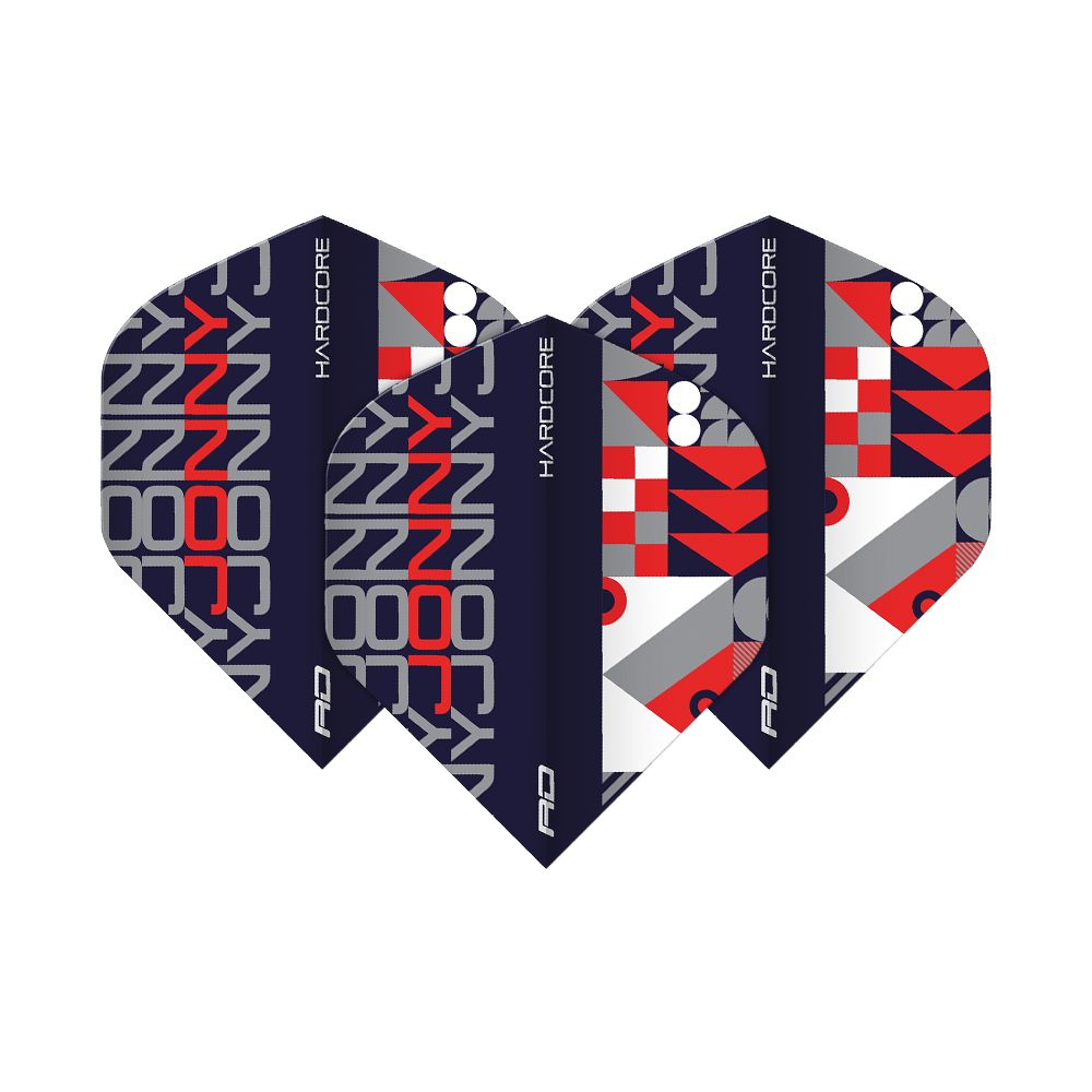 Das Bild zeigt drei Dart-Flights mit dem Aufdruck "JONNY" in Grau und Rot auf dunklem Hintergrund. Die Flights haben ein farbenfrohes, geometrisches Muster in Schwarz, Rot, Weiß und Grau.
