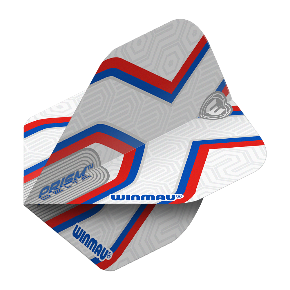 Winmau Prism Delta Epix No2 Standard Flights Das Bild zeigt die Winmau Prism Delta Epix No2 Standard Flights. Die Flights sind hauptsächlich weiß mit roten und blauen Streifen sowie dem Winmau-Logo.