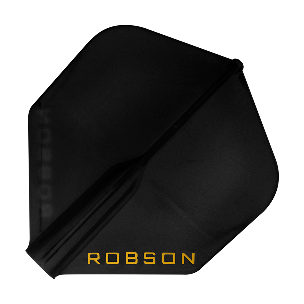 Loty Robson Plus — standardowe Dies ist ein schwarzes Dartflight mit der Aufschrift "ROBSON" in gelber Farbe. Das Flight hat eine Standardform und wirkt robust.