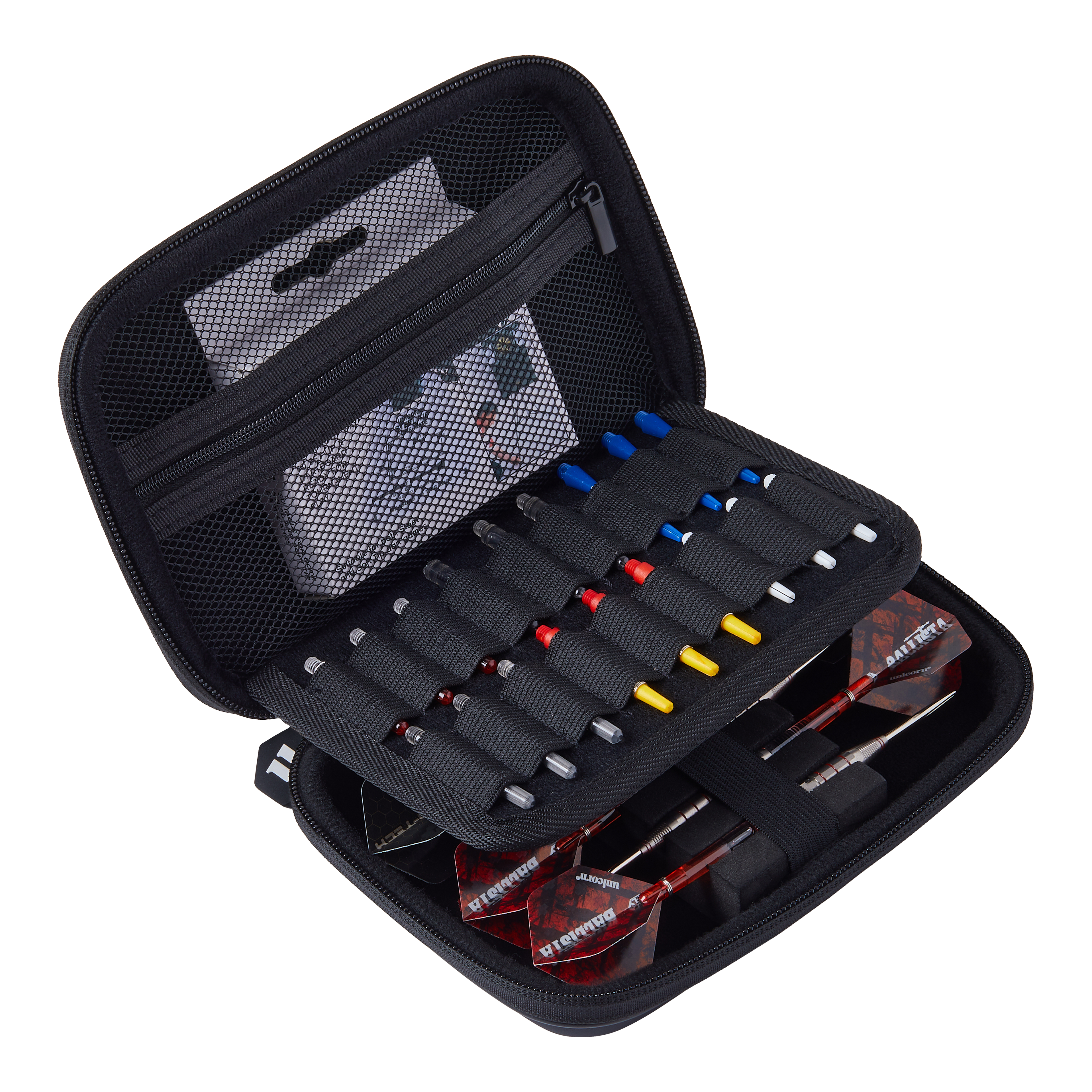 Unicorn Ultra portfel Gary Anderson Dart Das Bild zeigt das Produkt "Unicorn Ultra Gary Anderson Dartwallet". Das Dartwallet ist offen und enthält mehrere Ersatzteile sowie zwei zusammengebaute Darts.