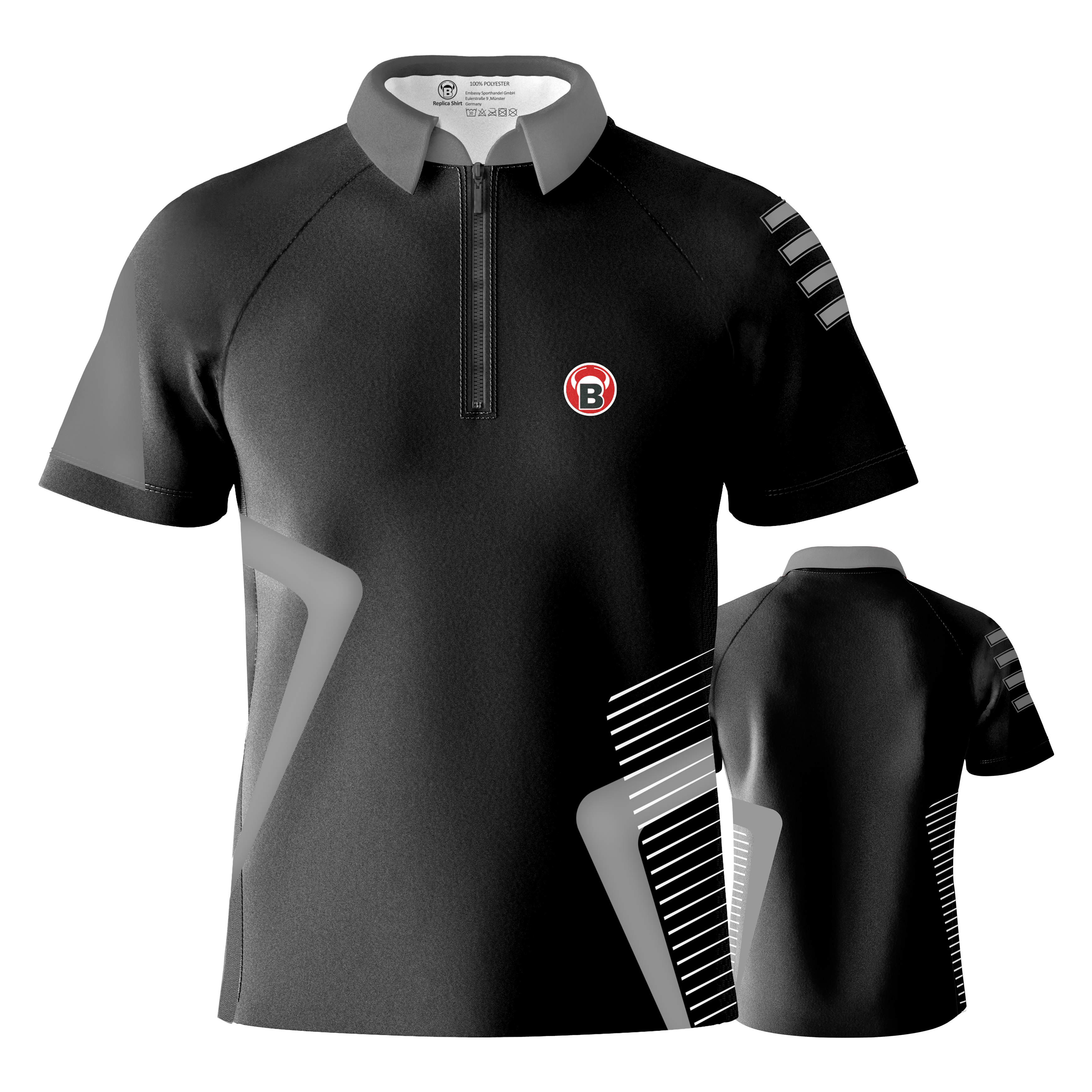 Koszulka Bulls Team Dart - Szara Das Bild zeigt das "Bulls Team Dartshirt - Grau" mit modernen, grauen und weißen Designelementen. Auf der Vorderseite befindet sich ein kleines rundes Bulls-Logo auf der linken Brust.