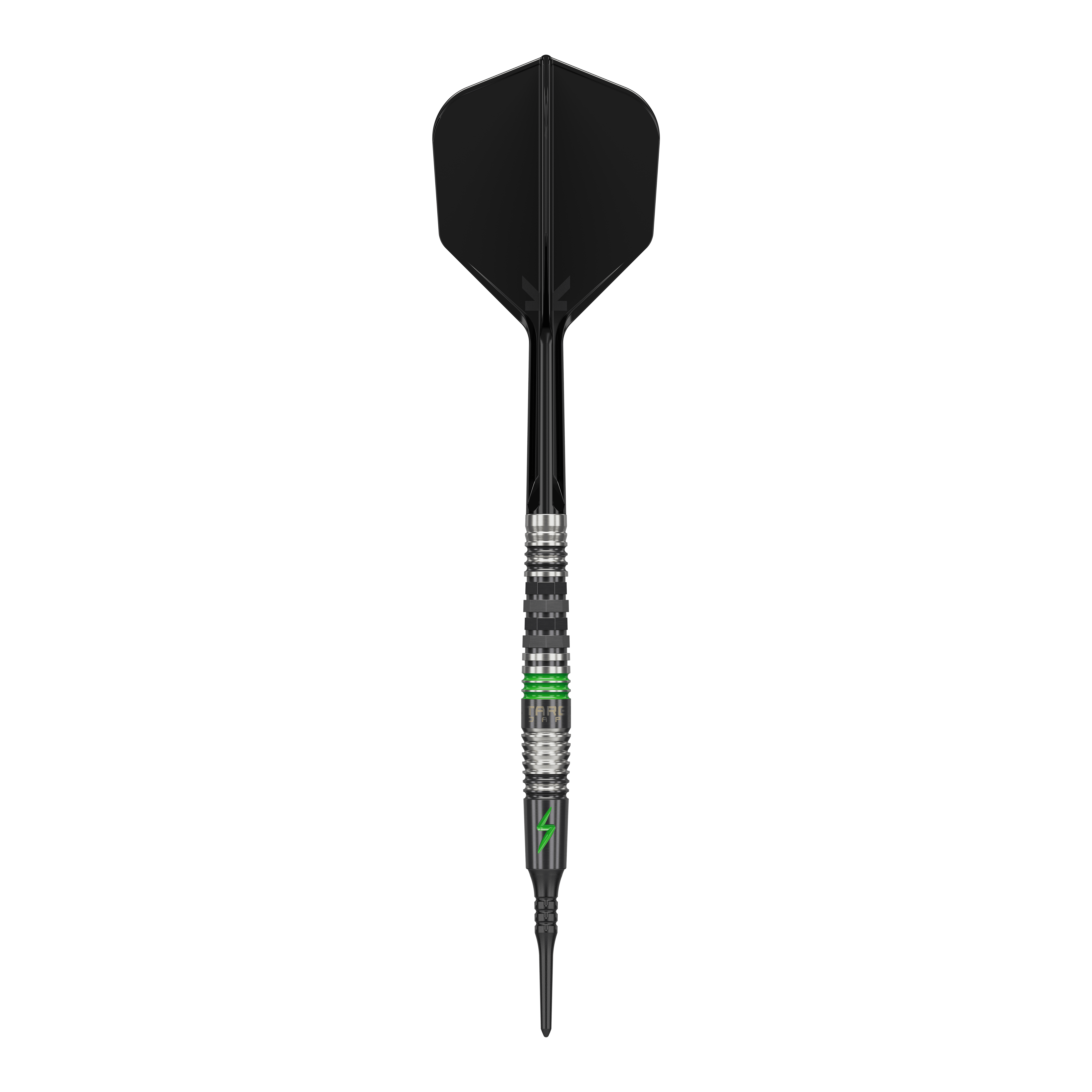 Target Japan Black Marque Lightning 3 Soft Darts - 19g Dieses Bild zeigt einen Softdart mit dem Namen "Target Japan Black Marque Lightning 3" mit einem Gewicht von 19g. Der Dart ist überwiegend schwarz mit silbernen und grünen Akzenten gestaltet.