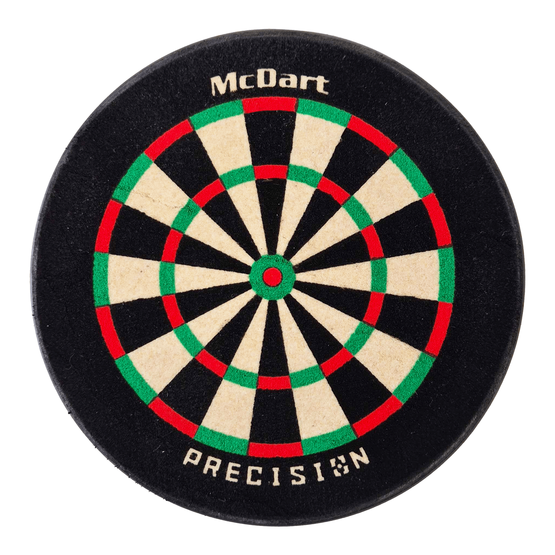 Das Bild zeigt eine kleine, runde Dartscheibe mit der Aufschrift „McDart“ und „PRECISION“. Die Scheibe hat die klassischen Farben Weiß, Schwarz, Rot und Grün.