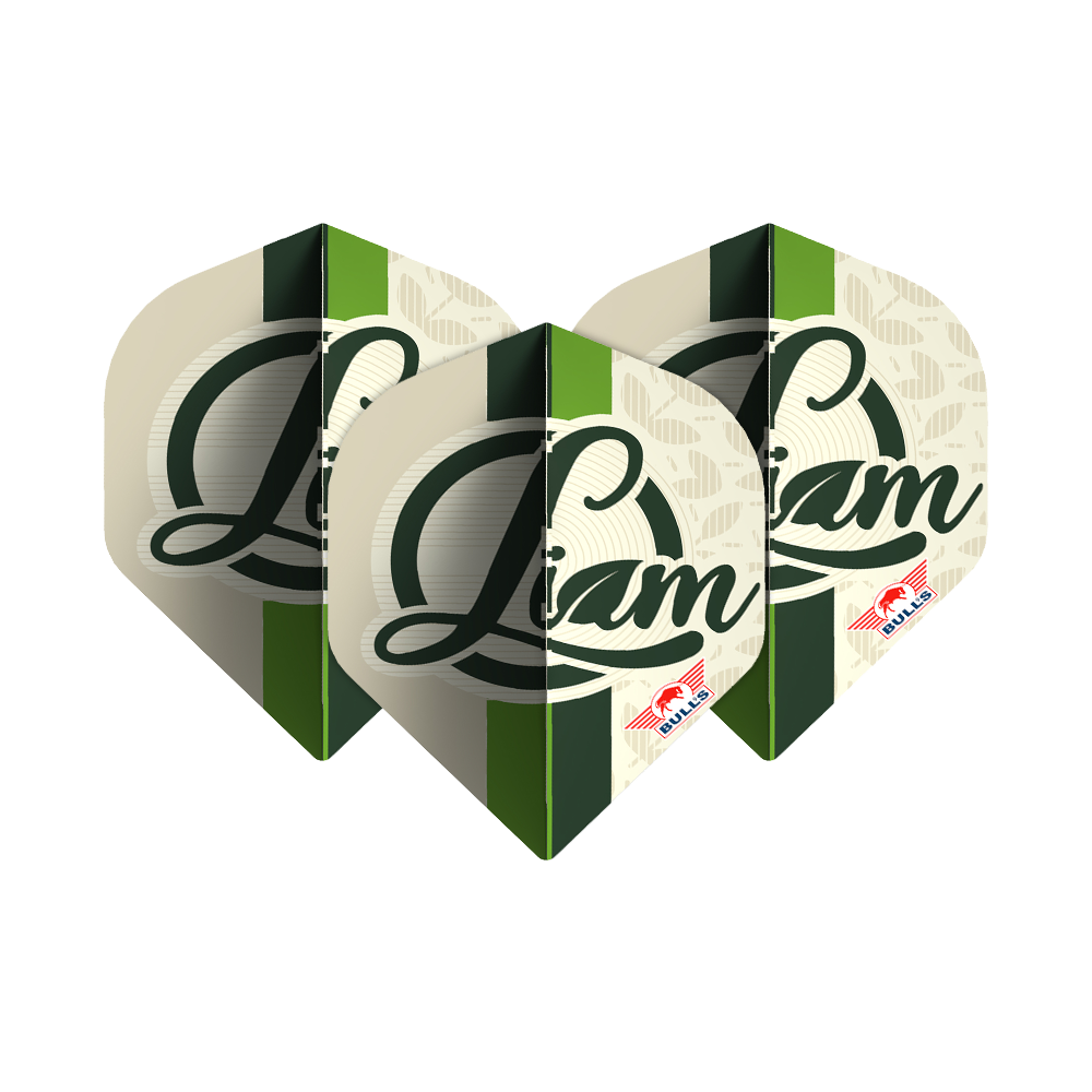 Bulls NL Player 100 Liam Maendl Lawrance nr 2 Standard Flights Das Bild zeigt drei Dart-Flights mit dem Namen "Liam" in grüner Schrift darauf. Unten rechts befindet sich das rote Bulls NL Logo.