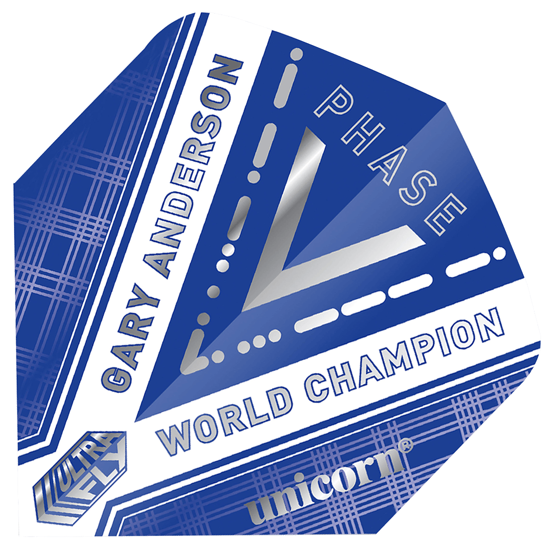 69450_p1 Dieses Bild zeigt ein blau-weißes Dartflight mit dem Namen "Unicorn Ultrafly 100 Bw Gary Anderson WC P5 Flights". Auf dem Flight stehen die Worte "Gary Anderson", "World Champion" und "Phase".