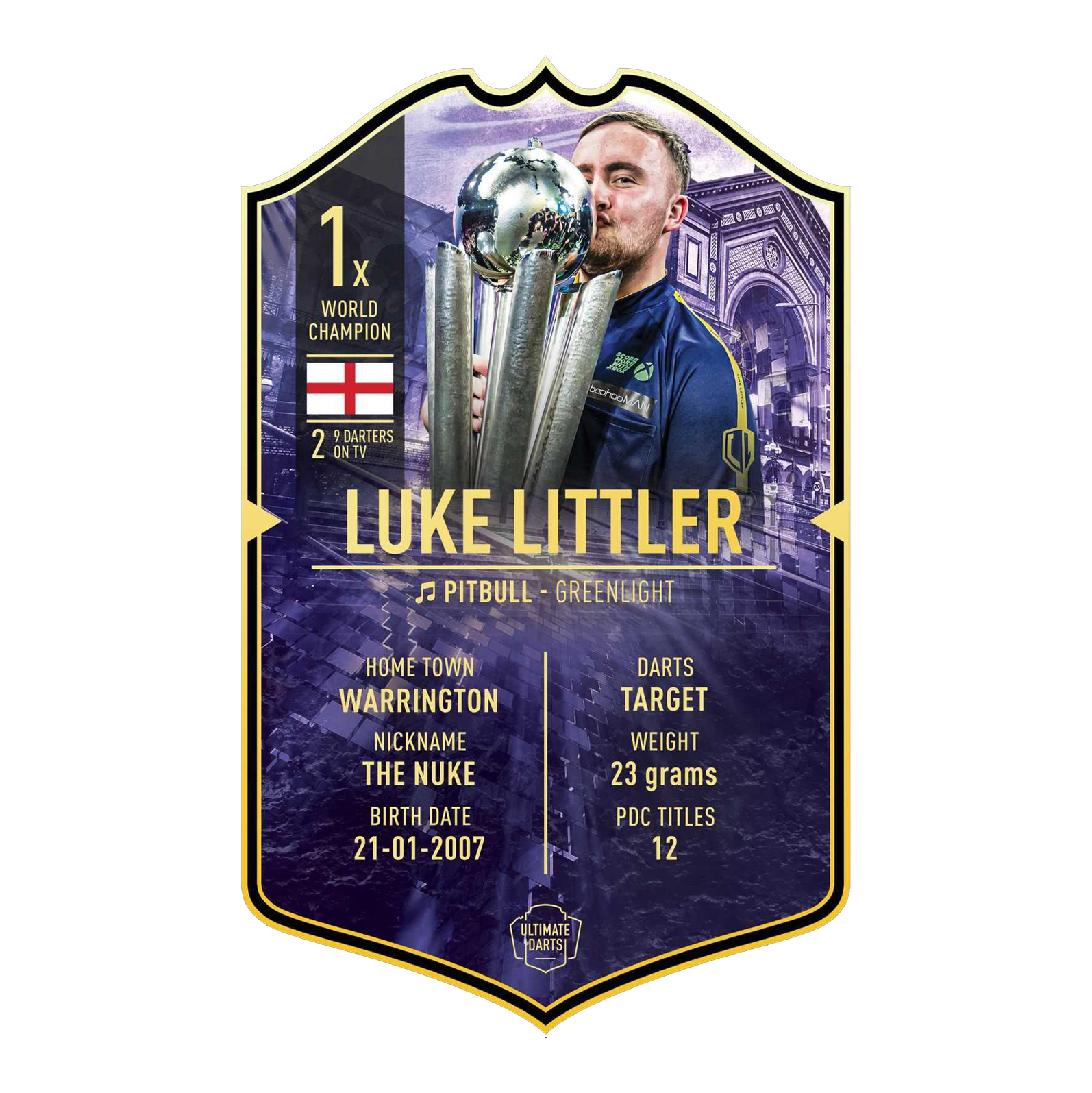 Karta Ultimate Darts – Luke Littler, Mistrz Świata 2025 Die Abbildung zeigt die „Ultimate Darts Card - Luke Littler World Champion“. Auf der Karte ist Luke Littler mit seiner Trophäe sowie wichtige Informationen über ihn abgebildet.