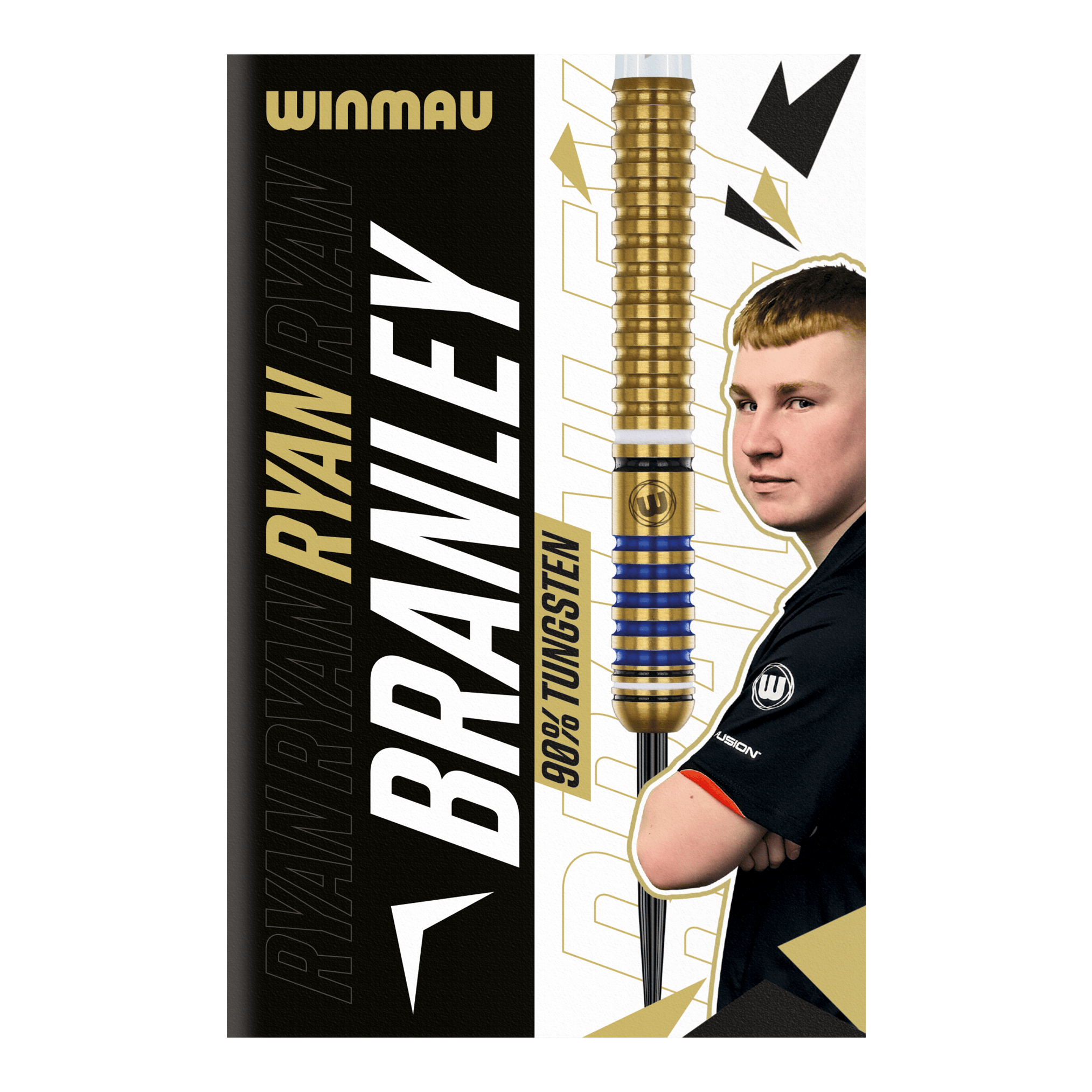 Lotki stalowe Winmau Ryan Branley - 23g Die Abbildung zeigt die Verpackung der "Winmau Ryan Branley Steeldarts - 23g". Auf der Verpackung sind ein Dartpfeil, ein Foto einer Person und der Schriftzug "90% Tungsten" zu sehen.