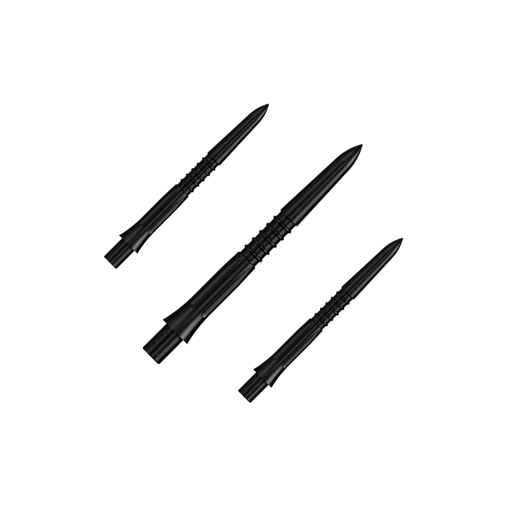 Końcówki do lotek Mission Caliburn EVO GV1 – czarne Ein Set von schwarzen Steeldartspitzen mit 26 mm Länge. Auf dem Bild sieht man mehrere Spitzen aus der Misson Caliburn EVO GV1 Reihe.