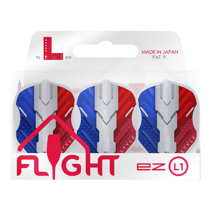 L-Style V-Series V1 Typ B Francja Przezroczysta biel L1EZ Loty Das Bild zeigt eine Packung L-Style V-Series V1 Type B France Clear White L1EZ Flights. Die Flights sind in den Farben Blau, Weiß und Rot gestaltet und werden in Japan hergestellt.