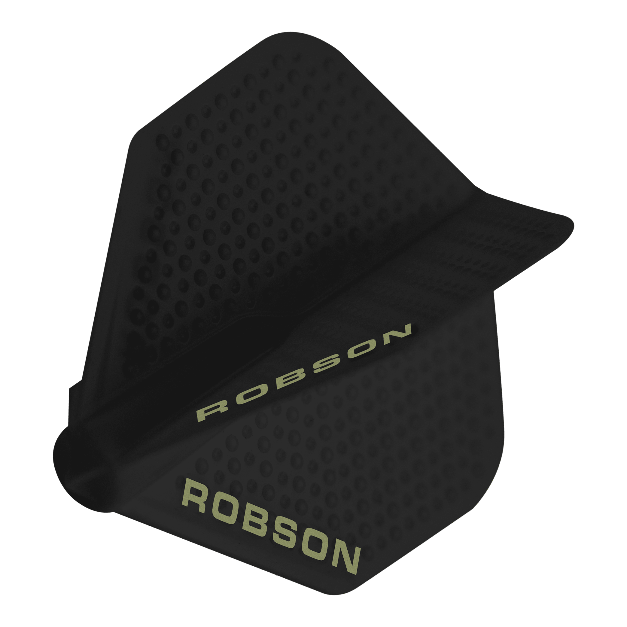Lotki Robson Plus Dimple – czarne Dies ist ein schwarzer Dartflight mit einer Dimple-Oberfläche. Auf dem Flight steht der Schriftzug „ROBSON“ in heller Farbe.
