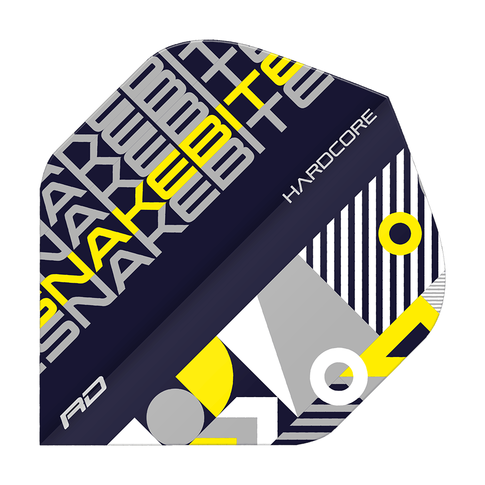 Das Bild zeigt ein Dartflight mit dem Namen "Red Dragon Hardcore Snakebite Black Yellow Standard Flights". Das Design ist modern und auffällig in den Farben Schwarz, Gelb, Grau und Weiß gehalten.