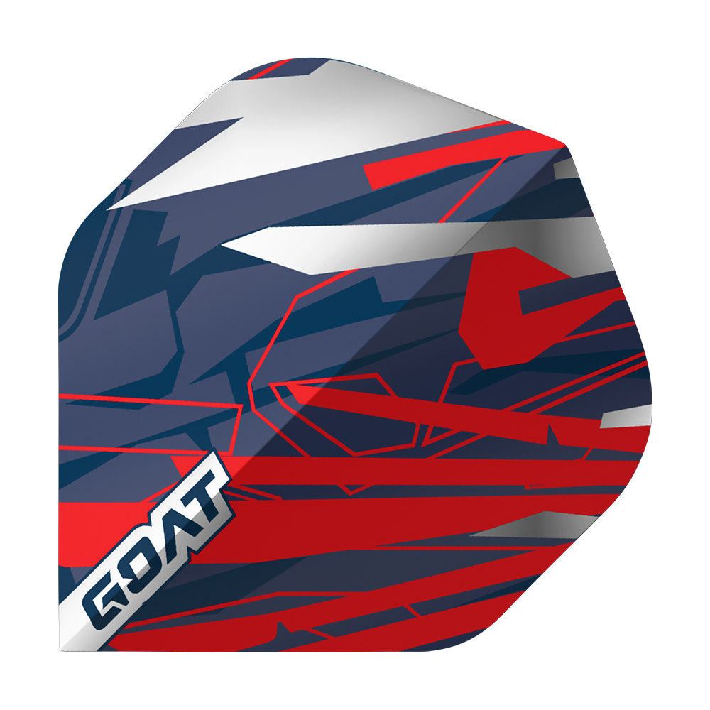 GOAT Homerun No2 Standard Flights Das Bild zeigt das Produkt "GOAT Homerun No2 Standard Flights". Es hat ein auffälliges Design in den Farben Blau, Rot, Weiß und Silber mit geometrischen Mustern und dem Schriftzug "GOAT" in einer Ecke.