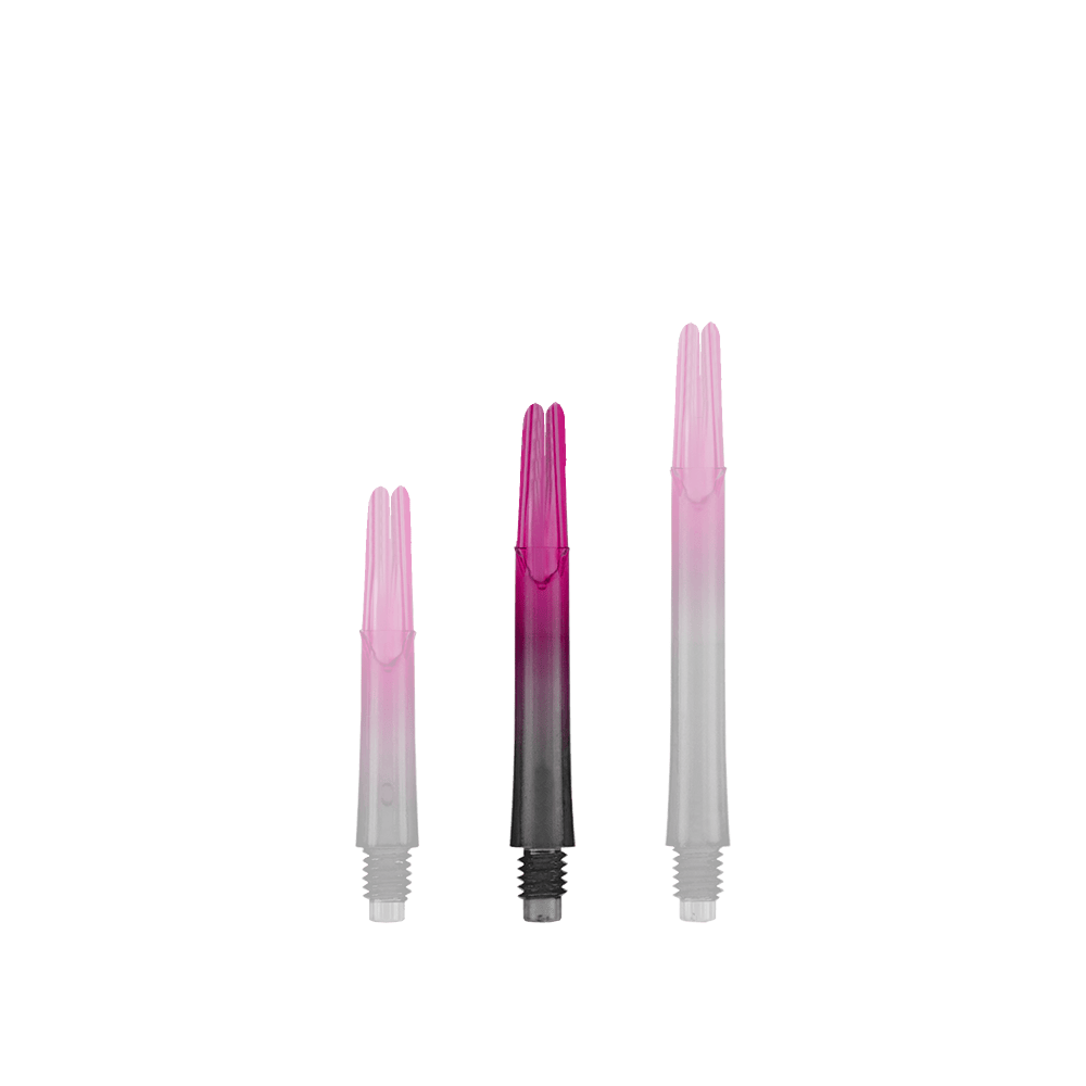 Auf dem Bild sind drei unterschiedlich lange, zweifarbige Dartschäfte zu sehen. Sie sind unten schwarz und gehen nach oben in ein kräftiges Pink über.