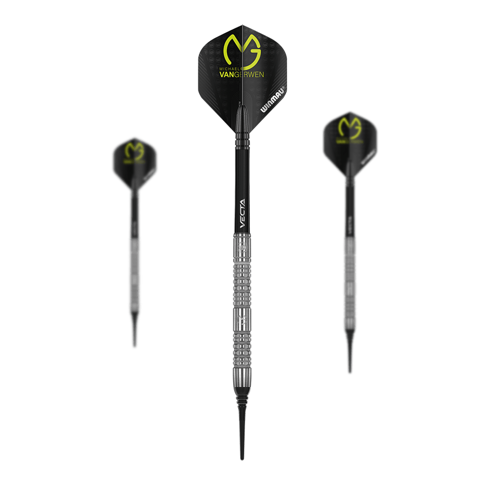 Winmau Michael Van Gerwen MvG Absolute Softdarts Das Bild zeigt drei Winmau Michael Van Gerwen MvG Absolute Softdarts. Die Darts haben schwarze Flights mit gelber Aufschrift und einen silbernen, geriffelten Schaft.