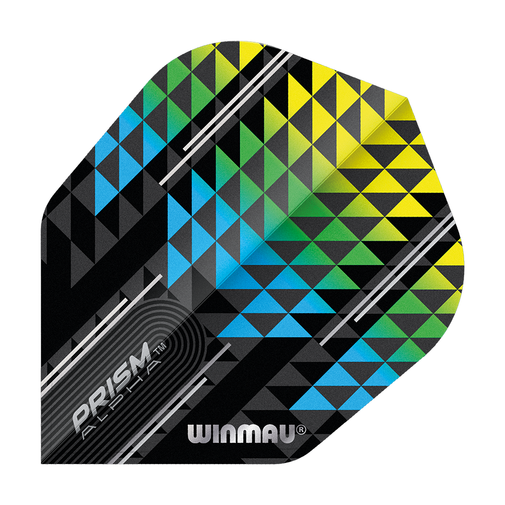 Das Bild zeigt einen Winmau Prism Alpha Flight in den Farben Blau, Grün und Gelb mit geometrischem Dreiecksmuster. Auf dem Flight stehen die Aufschriften „PRISM ALPHA“ und „WINMAU“.
