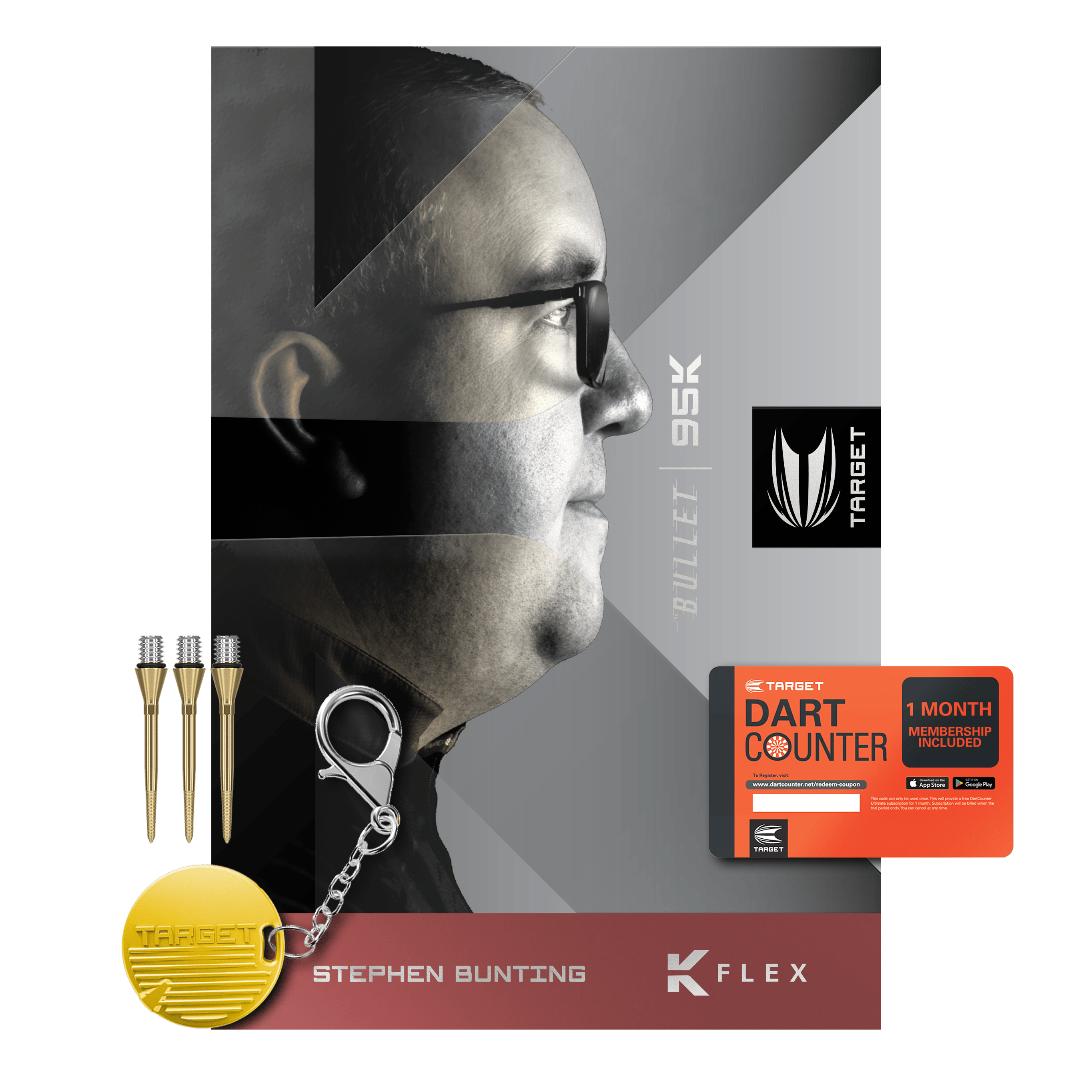 Target Stephen Bunting 95K Miękkie lotki - 19g Das Bild zeigt das Produkt "Target Stephen Bunting 95K Softdarts - 19g" mit Zubehör wie Dartspitzen, Schlüsselanhänger und einer Dart Counter Karte. Im Hintergrund ist ein Porträt von Stephen Bunting zu sehen.