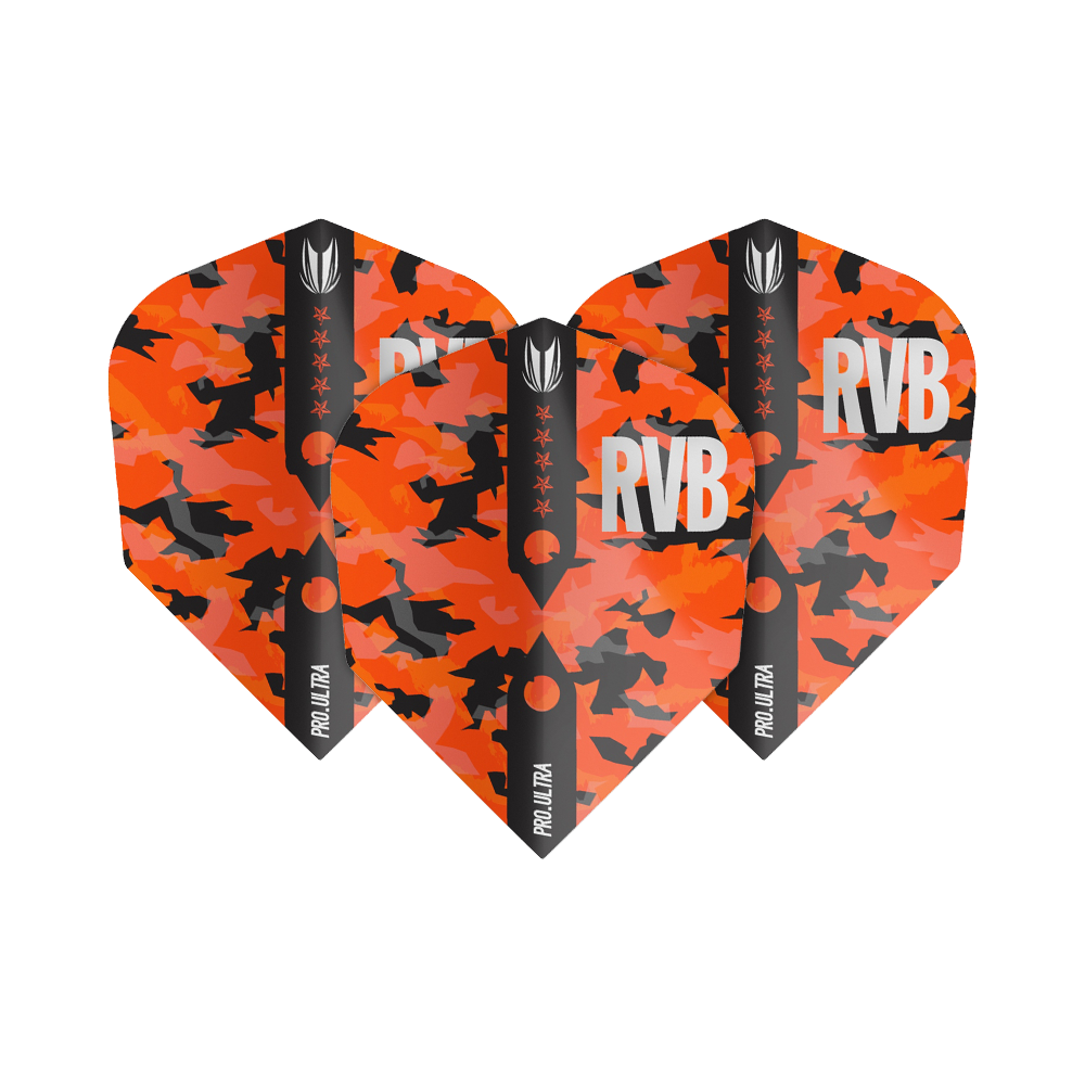 TG66_334410_Target_ProUltra_Barney_Army_Camo_Ten-X_Flights_1fammu0v4GVw5M Die Abbildung zeigt die Target ProUltra Barney Army Camo Ten-X Flights mit einem auffälligen orange-schwarzen Camouflage-Muster. Auf den Flights steht groß "RVB" und seitlich ist "PRO ULTRA" zu lesen.