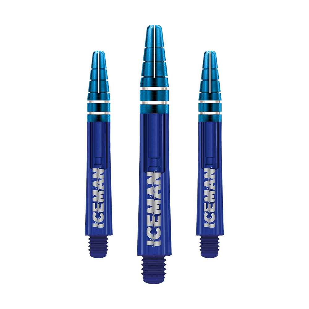 C810_Red_Dragon_Nitrotech_Gerwyn_Price_Blue_Shafts_36mm_1 Das Bild zeigt drei blaue Dartschäfte mit silbernen Ringen. Auf jedem Schaft steht in weißer Schrift das Wort "ICEMAN".