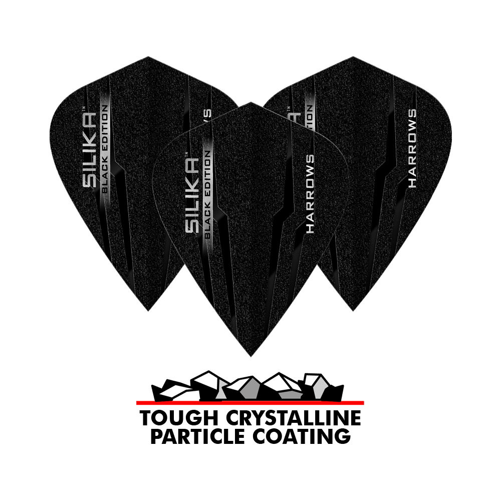 Lotki latawcowe Harrows Silika Black Edition Das Bild zeigt drei schwarze Harrows Silika Black-Edition Kite Flights mit glänzender Beschriftung. Darunter steht „Tough Crystalline Particle Coating“ mit einer Grafik von Kristallen.