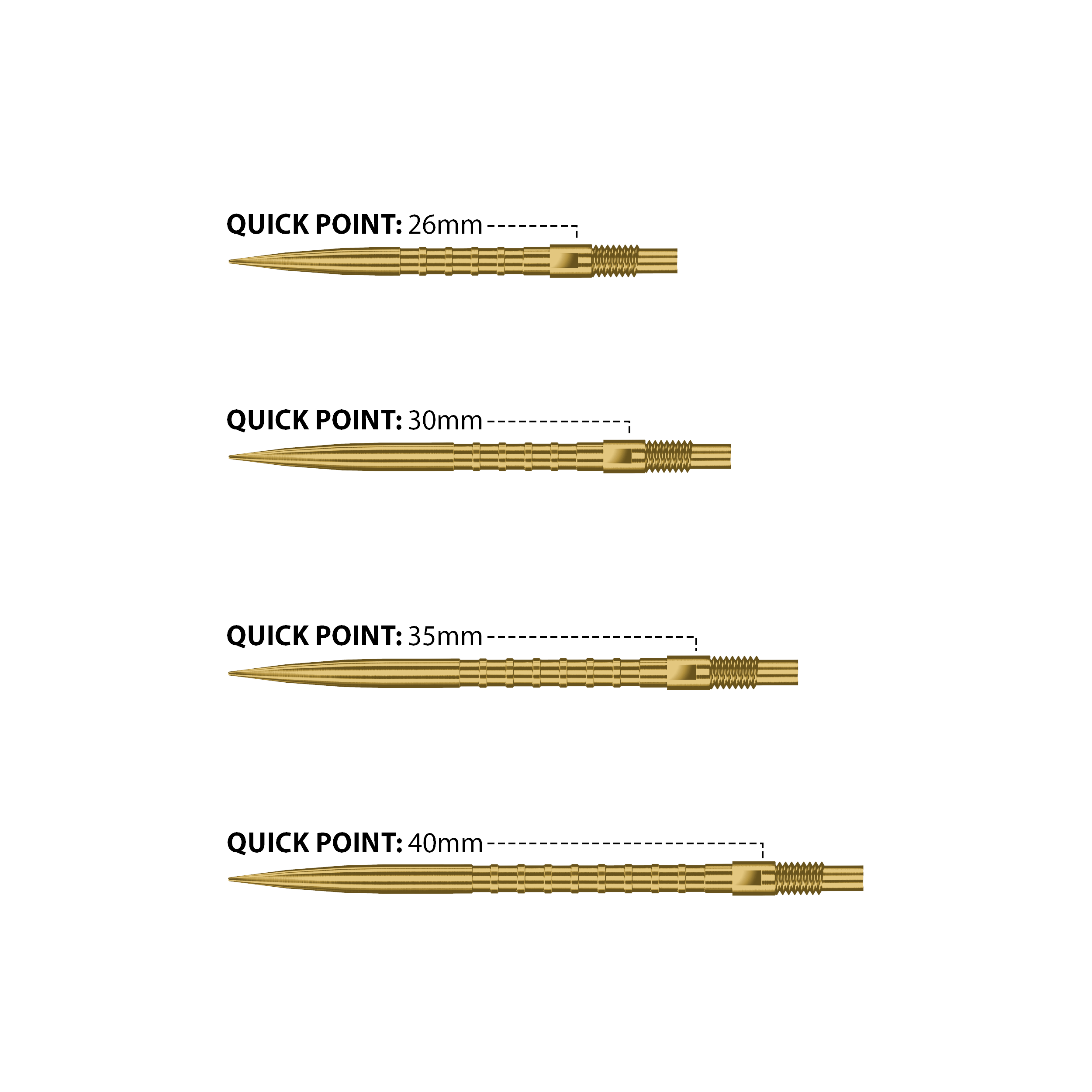 Abgebildet sind Harrows Quick Point Heavy Metal Dartspitzen in Gold. Sie zeichnen sich durch ihre goldene Farbe und hohe Qualität aus.