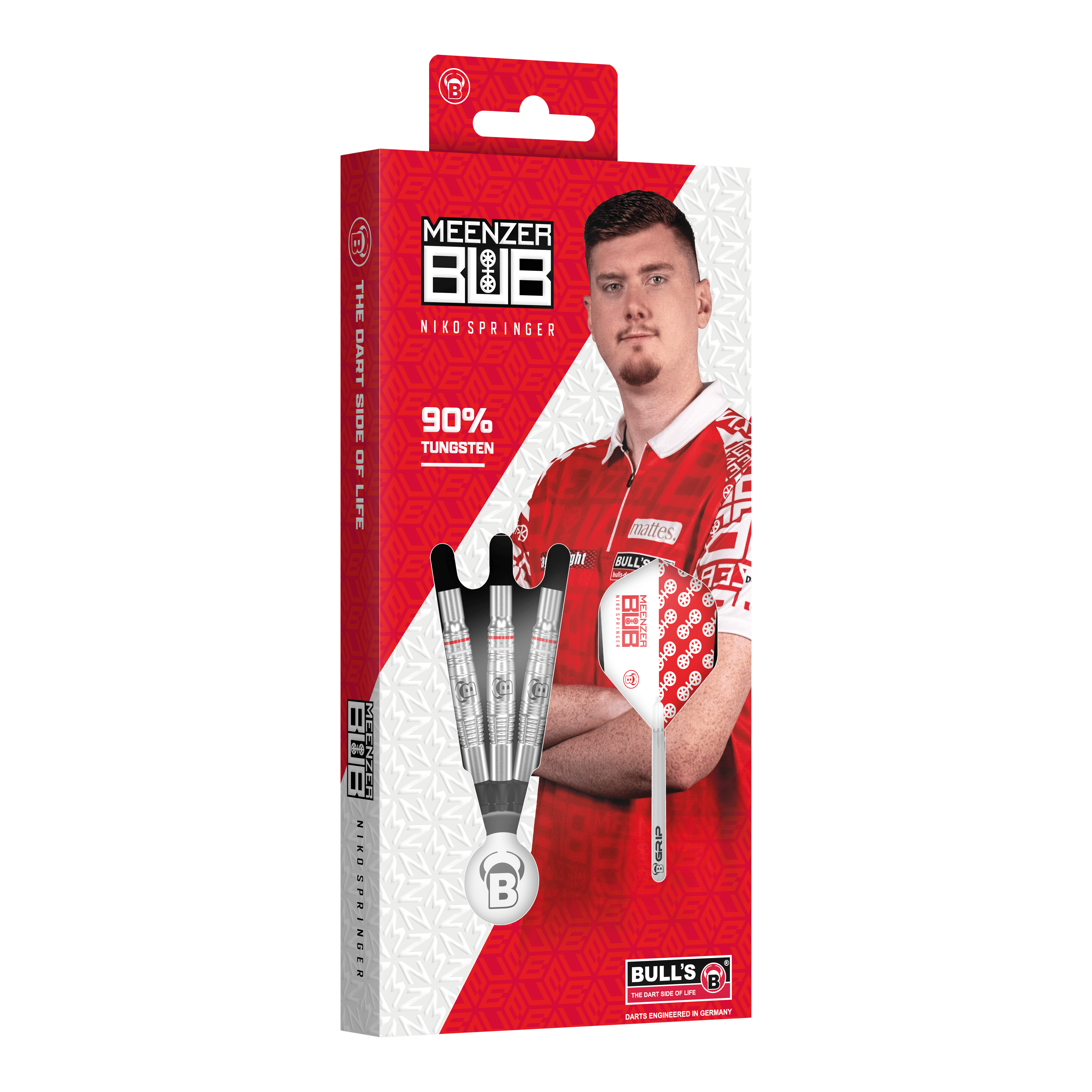 Auf dem Bild ist die Verpackung der "Bulls Niko Springer Softdarts - 22g" zu sehen. Die Packung zeigt drei Dartpfeile und ein Portrait von Niko Springer.