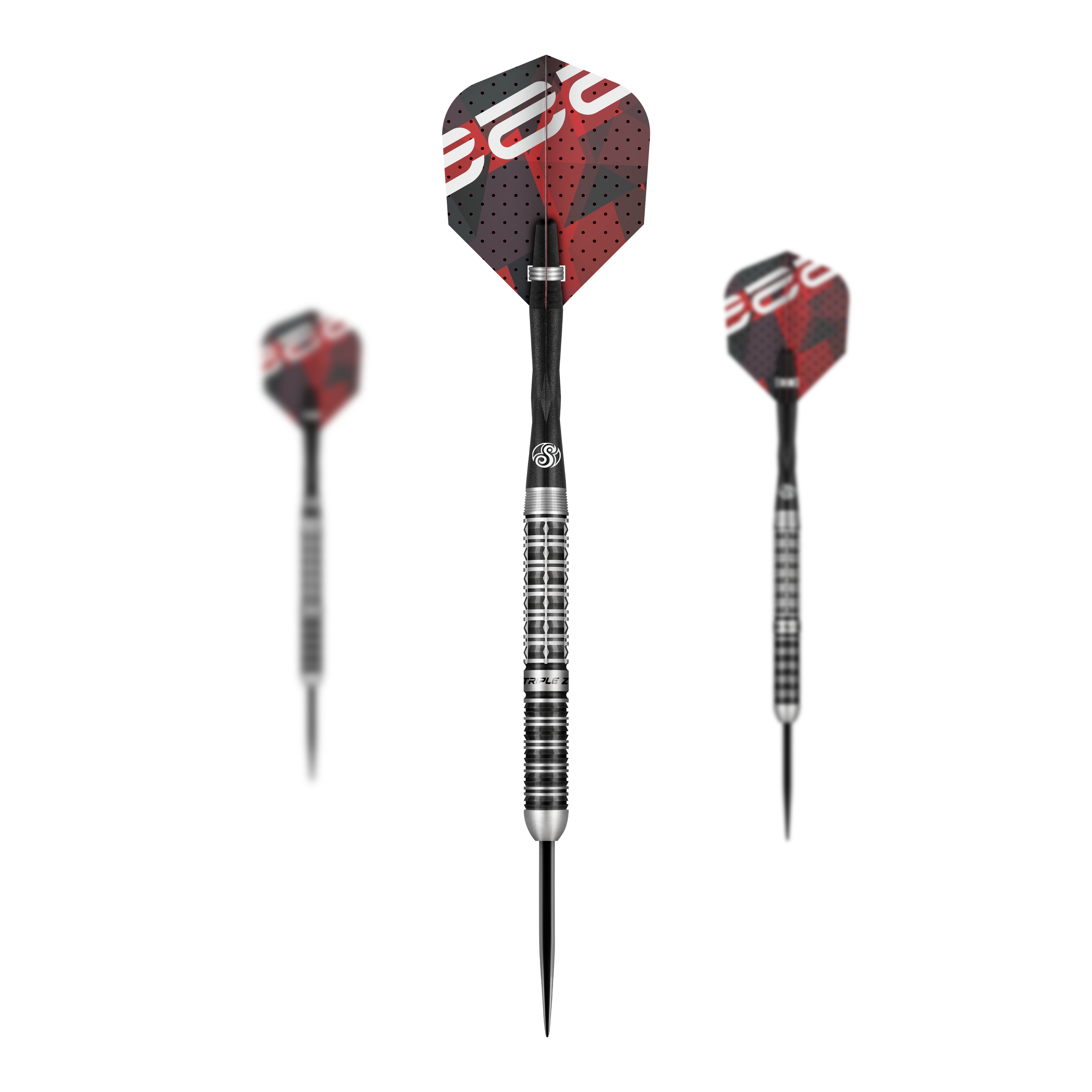 Das Bild zeigt drei Steeldarts des Modells "Shot Niels Zonneveld V2". Die Darts haben silber-schwarze Spitzen und Schäfte sowie rote und schwarze Flights mit Muster.