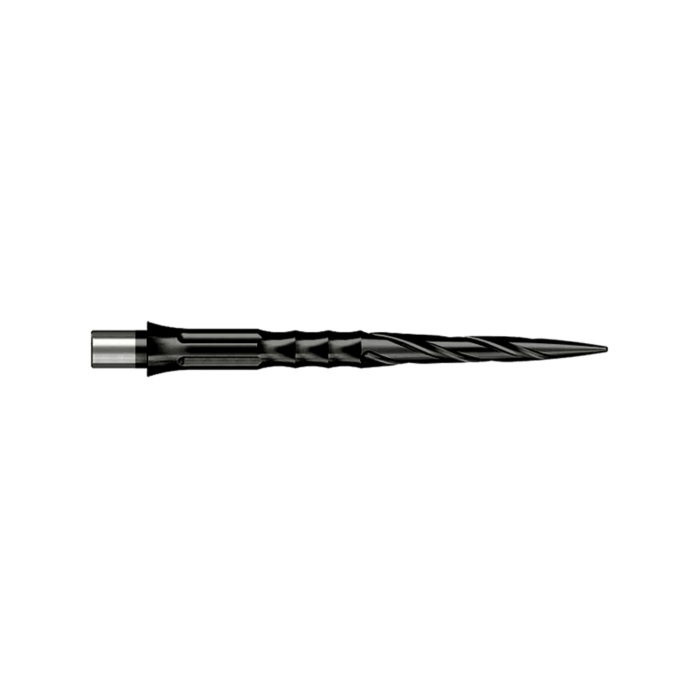 Das Bild zeigt Steeldartspitzen aus der Datei 'EVO007_Caliburn_Evo_System_Steeldartspitzen_Spiro_NoLip_Black_28mm_2_(1)'. Zwei schwarze, strukturierte Dartspitzen sind nebeneinander abgebildet.