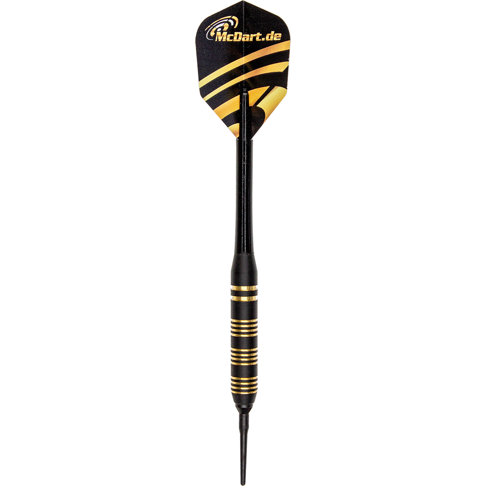 SO20-5_Royal_Softdarts_10OoFS3wTGdwFr Das Bild zeigt einen Royal Softdart mit einem Gewicht von 17g. Der Dart ist schwarz mit goldenen Akzenten und hat eine Spitze aus Kunststoff.