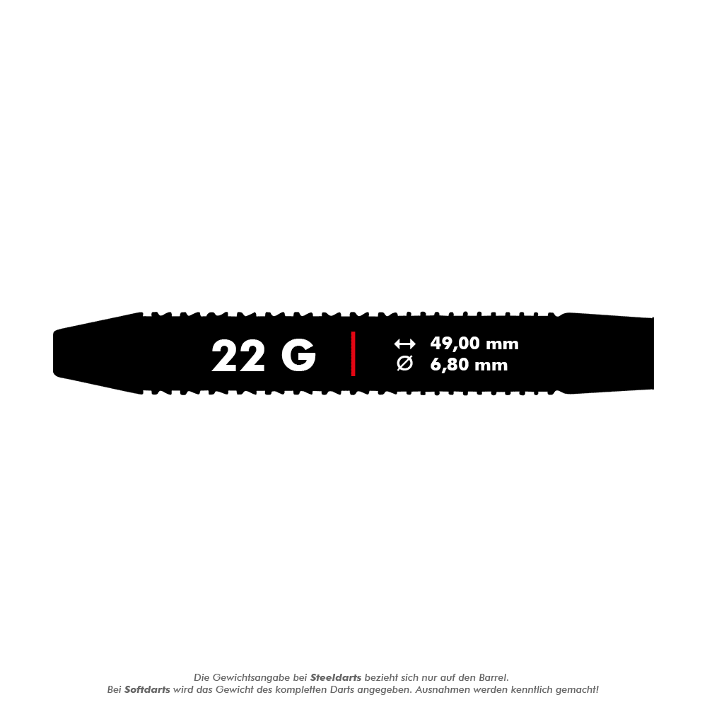 Unicorn Core XL Striker Style 1 Steeldarts - 22g Dieses Bild zeigt die technischen Daten eines Steeldarts mit 22 Gramm Gewicht. Die Länge beträgt 49,00 mm und der Durchmesser 6,80 mm.