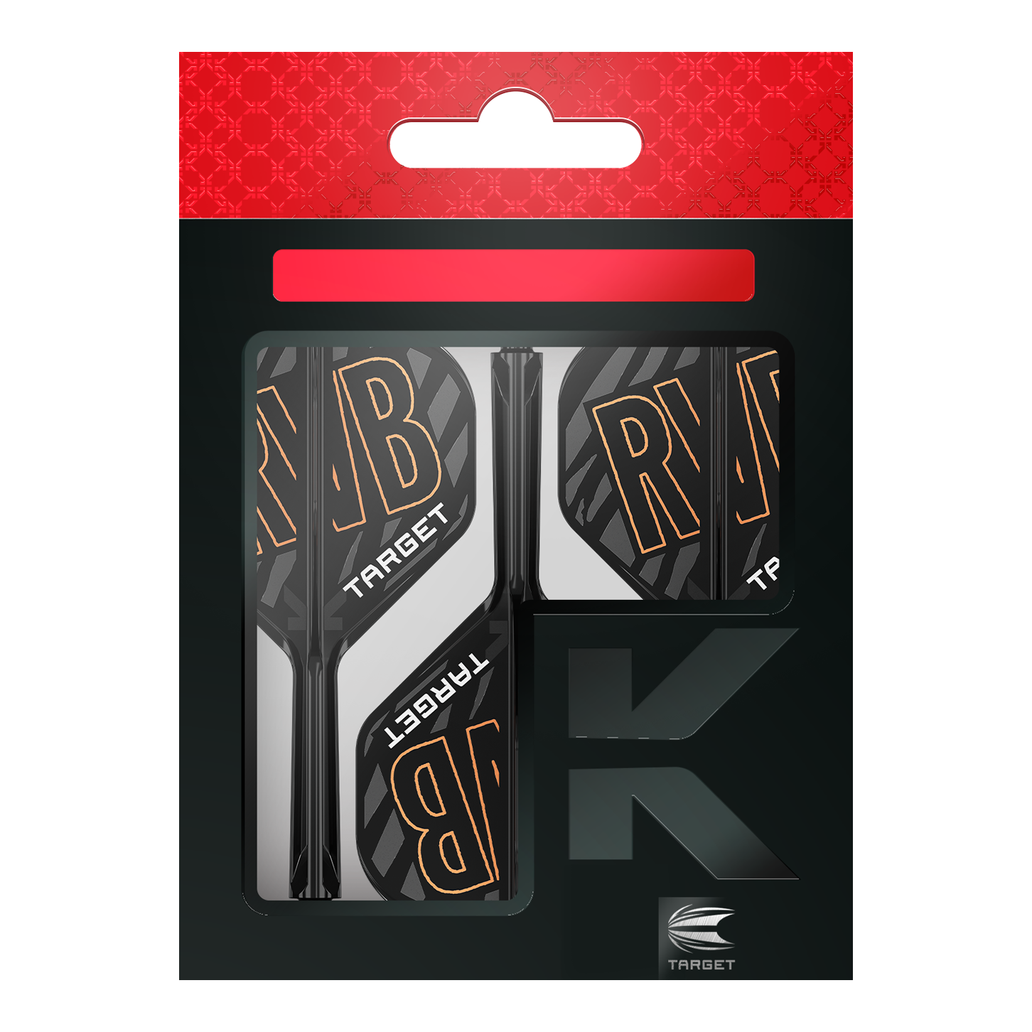 Target K-Flex Raymond Van Barneveld No2 Standardowy system wału napędowego Auf dem Bild ist eine Verpackung mit Dartflights und -schäften der Marke Target zu sehen. Die Flights tragen die Buchstaben "RVB" und sind schwarz-weiß mit orangener Schrift gestaltet.