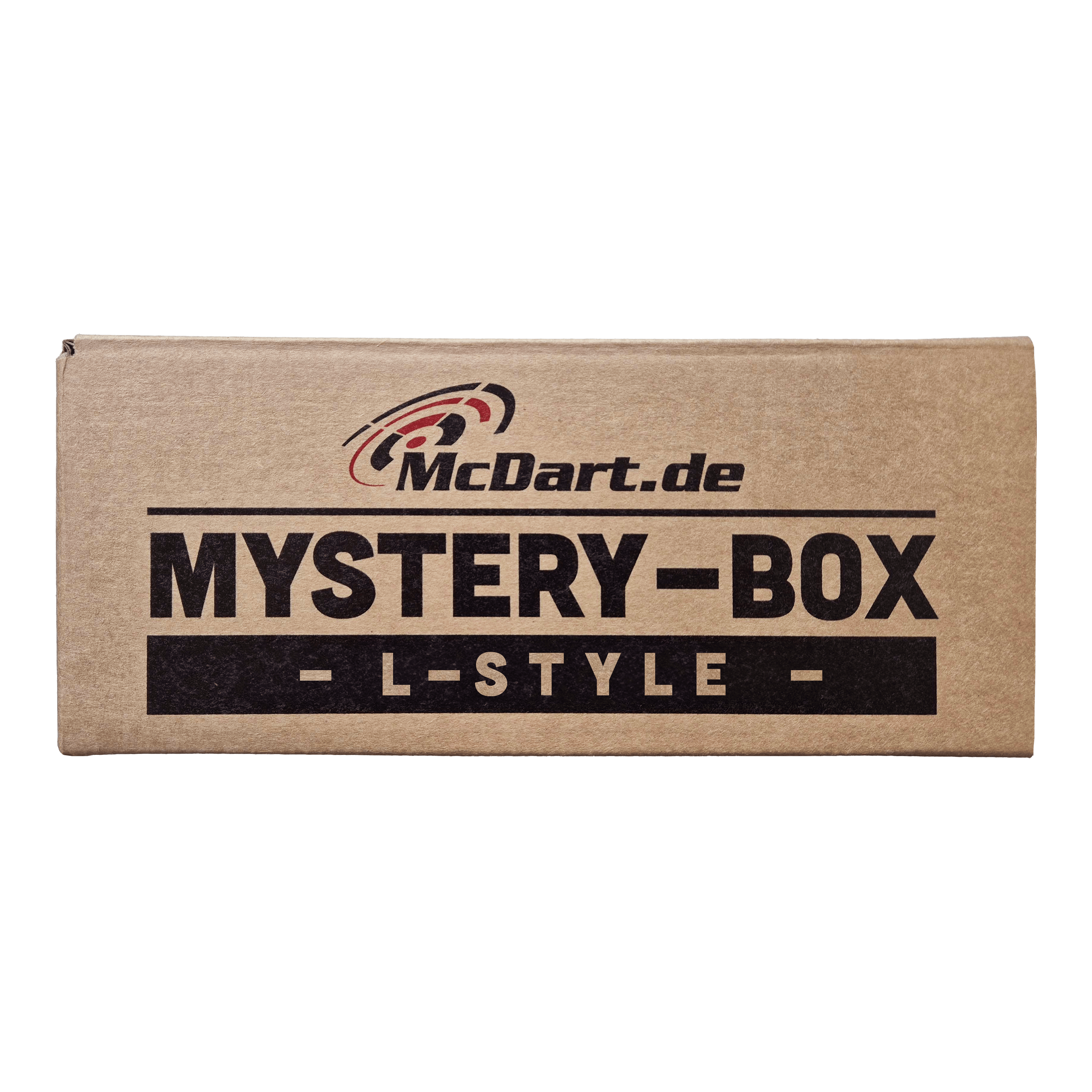 McDart Mystery Box - w stylu L Auf dem Bild ist eine braune Box mit der Aufschrift "McDart.de Mystery-Box - L-Style -" zu sehen. Die Box sieht verschlossen aus und weckt Neugier auf den Inhalt.