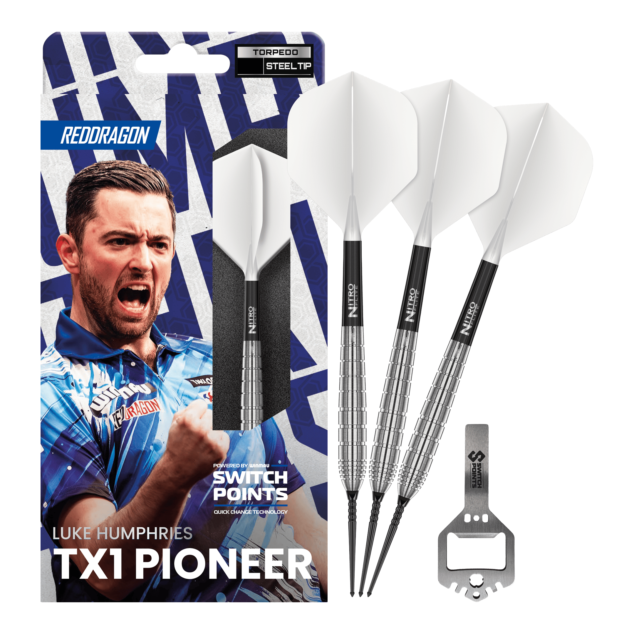 Rzutki stalowe Red Dragon Luke Humphries TX1 Pioneer Switch Point Dieses Bild zeigt die Red Dragon Luke Humphries TX1 Pioneer Switch Point Steeldarts in voller Ansicht. Die Darts sind für Präzision und hohe Leistung bekannt.