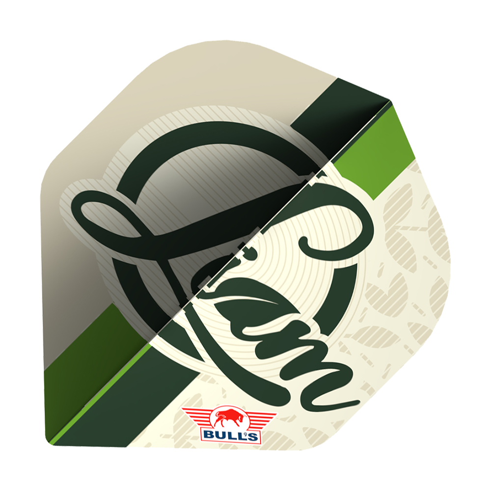 Das Bild zeigt ein Dart Flight mit dem Schriftzug "Liam" und einem klassischen Design in Grün- und Beigetönen. Unten ist das Logo von BULL'S zu sehen.