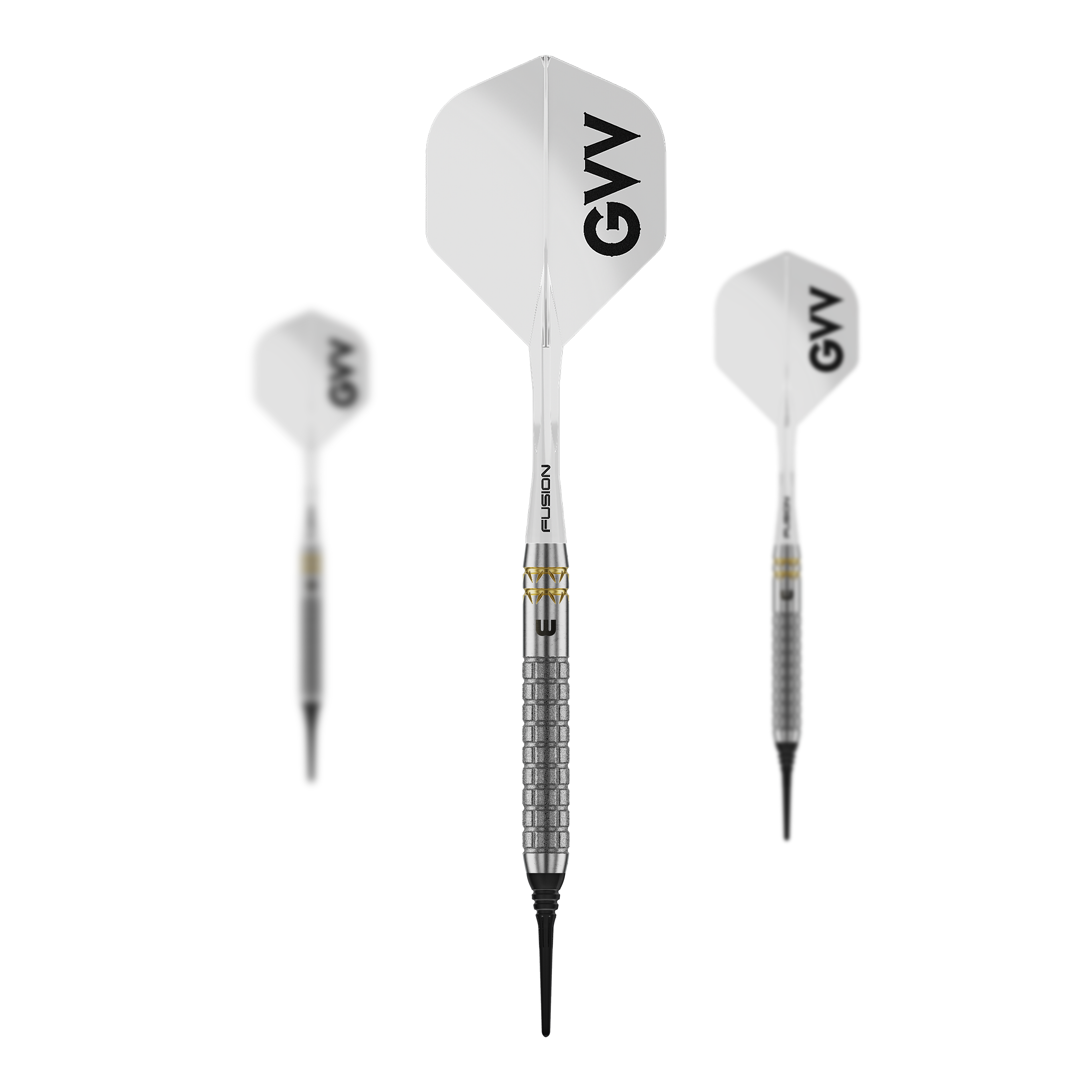 Miękkie rzutki Winmau Gian Van Veen W-MAX - 18g Auf dem Bild ist ein Set Winmau Gian Van Veen W-MAX Softdarts - 18g zu sehen. Drei Darts und das Zubehör sind abgebildet.