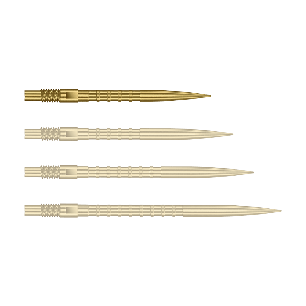 Końcówki do lotek Harrows Quick Point Heavy Metal – złote Das Bild zeigt Dartspitzen mit starkem Metallgriff in goldener Farbe und 26mm Länge. Das Produkt ist Harrows Quick Point Heavy Metal Grip Dartspitzen Gold 26mm.