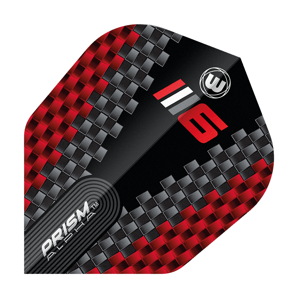 Winmau Prism Alpha Blade 6 Chevron No6 Flights Das Bild zeigt ein Dart-Flight mit einem modernen, roten und grauen Karomuster. Auf dem Flight stehen die Worte "PRISM ALPHA" sowie die Zahl "6" und das Winmau-Logo.