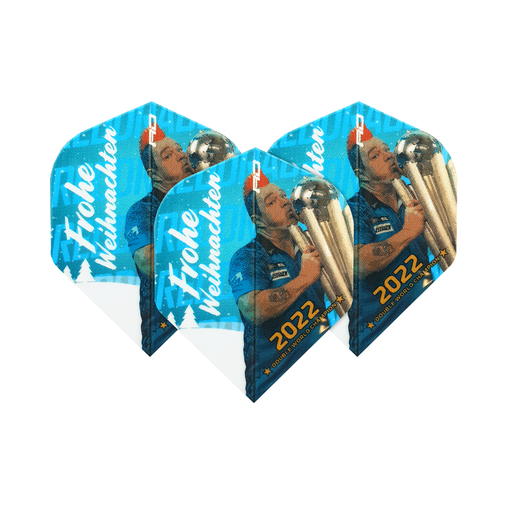 WF-6_Red_Dragon_Merry_Christmas_Flights_Snakebite_2022_14UdTY8GD4J8KM Das Bild zeigt vier Dart-Flights mit einem Weihnachtsmotiv und der Aufschrift "Frohe Weihnachten". Auf den Flights ist außerdem ein Dartspieler mit einer Trophäe und der Jahreszahl 2022 abgebildet.