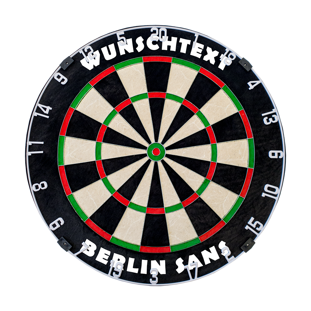 MCDB_Dartboard_mit_Wunschtext_HD_1_BerlinSans Das Bild zeigt eine runde Dartscheibe mit den typischen farbigen Segmenten. Oben steht in weißen Buchstaben "WUNSCHTEXT" und unten "BERLIN SANS".