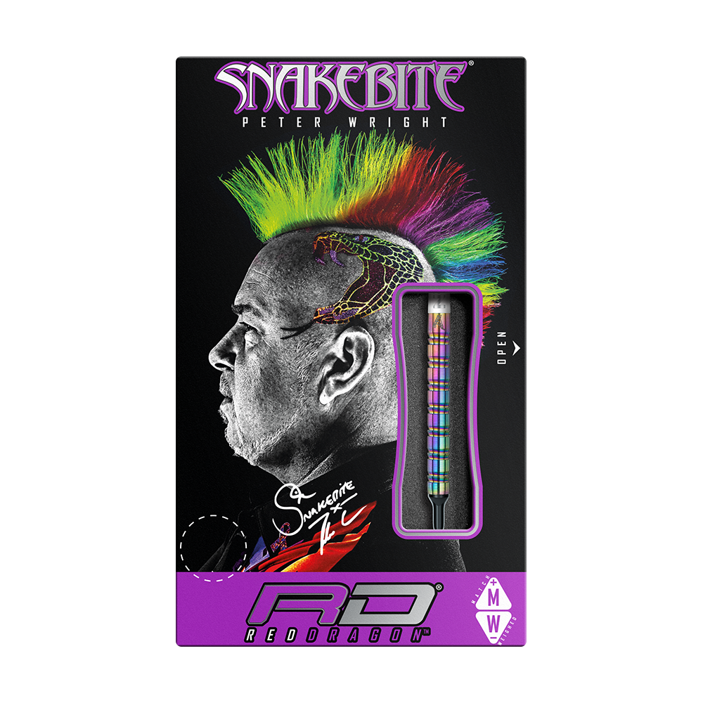 Die Verpackung zeigt die Red Dragon Peter Wright Snakebite 1 Rainbow Softdarts mit einem Gewicht von 18 g. Auf der Schachtel ist ein Porträt mit buntem Irokesenschnitt und Schlangentattoo zu sehen.