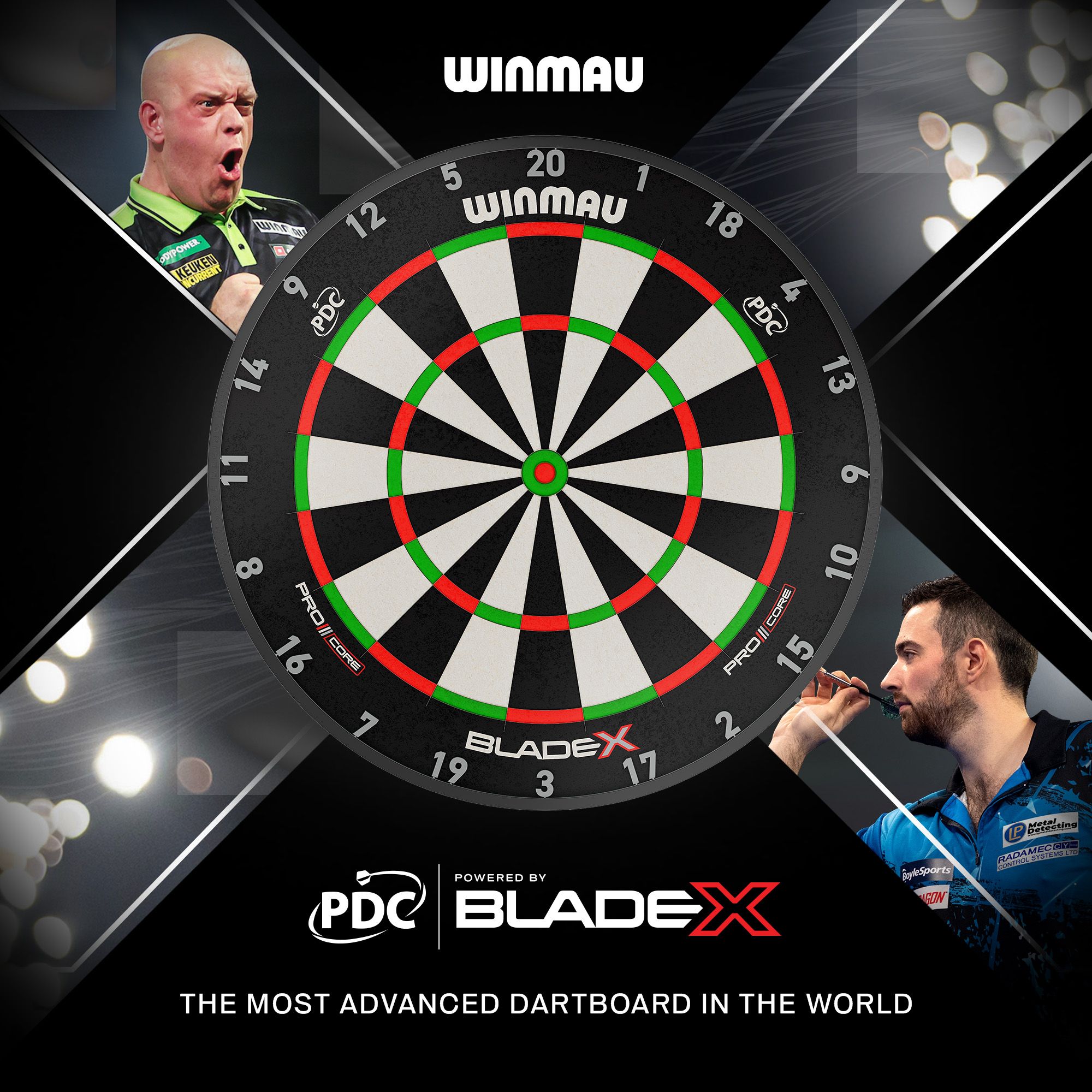 Auf dem Bild ist ein Winmau Blade X ProCore Steeldartboard zu sehen. Es ist für den Gebrauch mit Steeldarts geeignet.