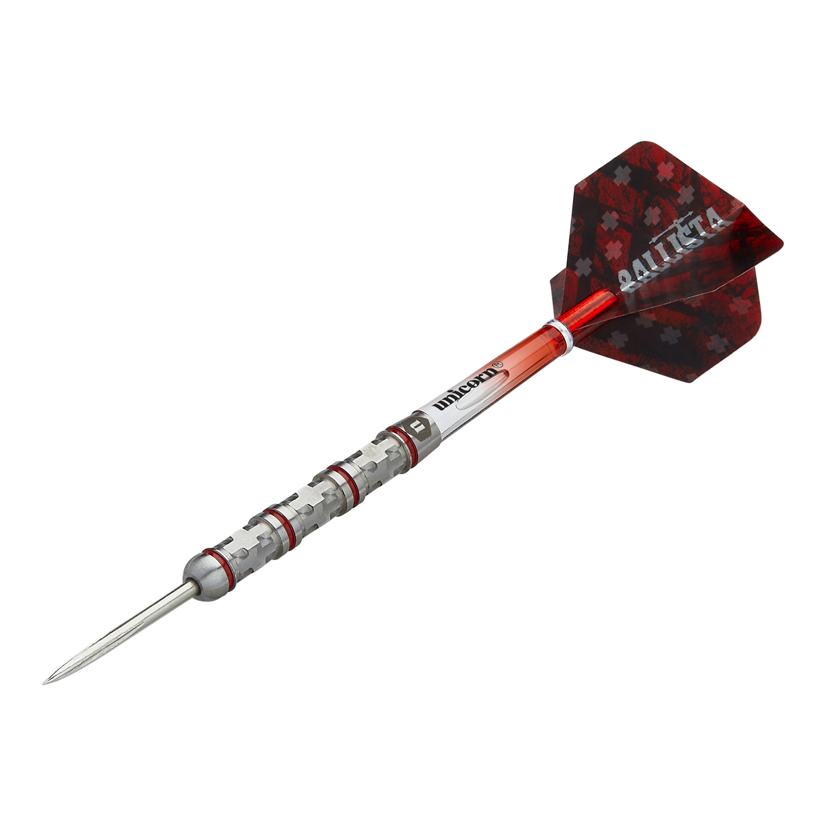 Unicorn Ballista Style 4 stalowe rzutki Das Bild zeigt einen Unicorn Ballista Style 4 Steeldart. Der Dartpfeil hat eine rot-silberne Farbgebung und ein markantes Flight-Design.