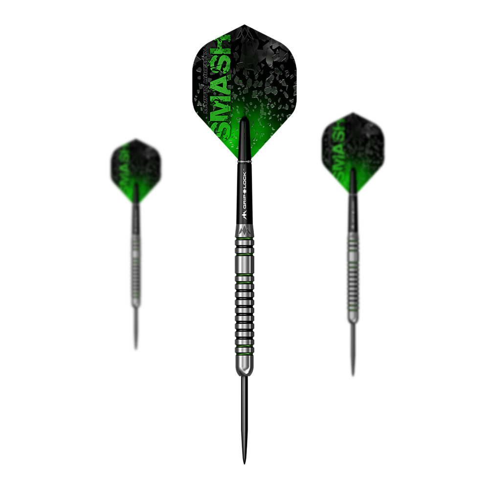 Misja Martin Lukeman Smash Steeldarts - 23g Das Bild zeigt drei Steeldarts mit dem Namen „Mission Martin Lukeman Smash Steeldarts - 23g“. Die Flights sind schwarz-grün und tragen den Schriftzug „SMASH“.