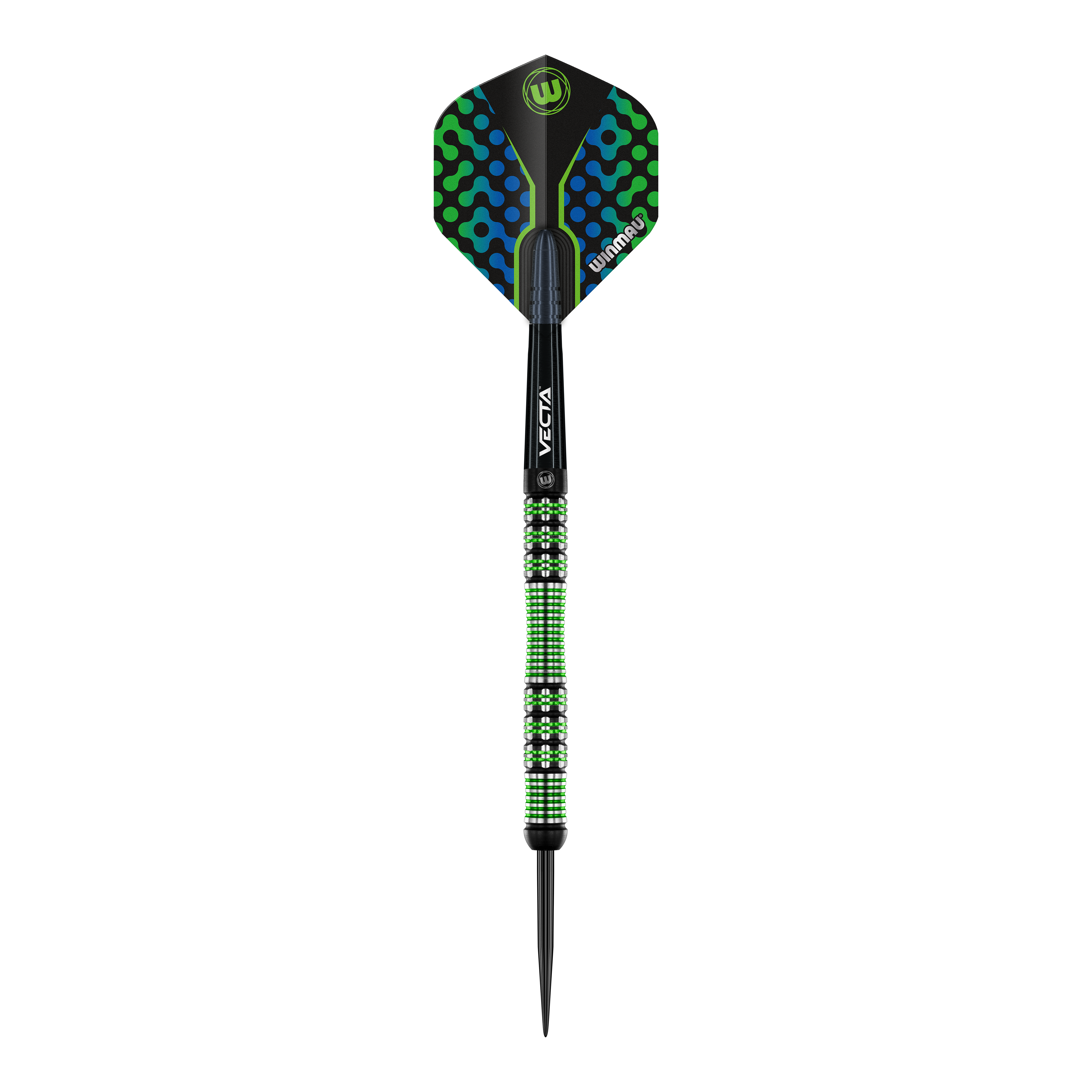 Stalowe lotki Winmau Brendan Dolan Das Bild zeigt einen Winmau Brendan Dolan Steeldart. Der Dartpfeil hat ein auffälliges Design mit grünen und blauen Akzenten.