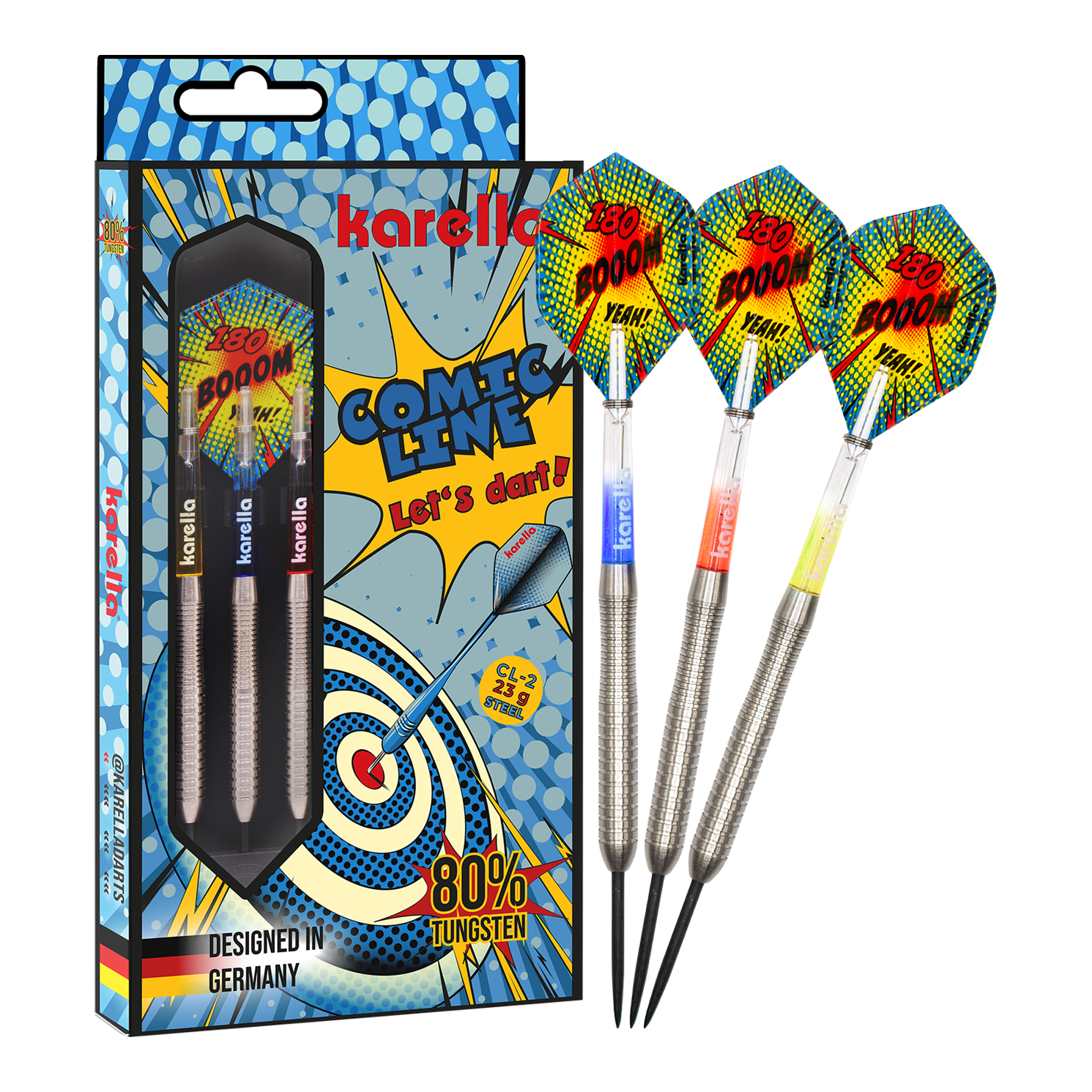 Zu sehen ist das vollständige Set der Karella Comic Line CL-2 Steeldarts in 23g. Die Steeldarts bieten eine gute Balance für ambitionierte Spieler.