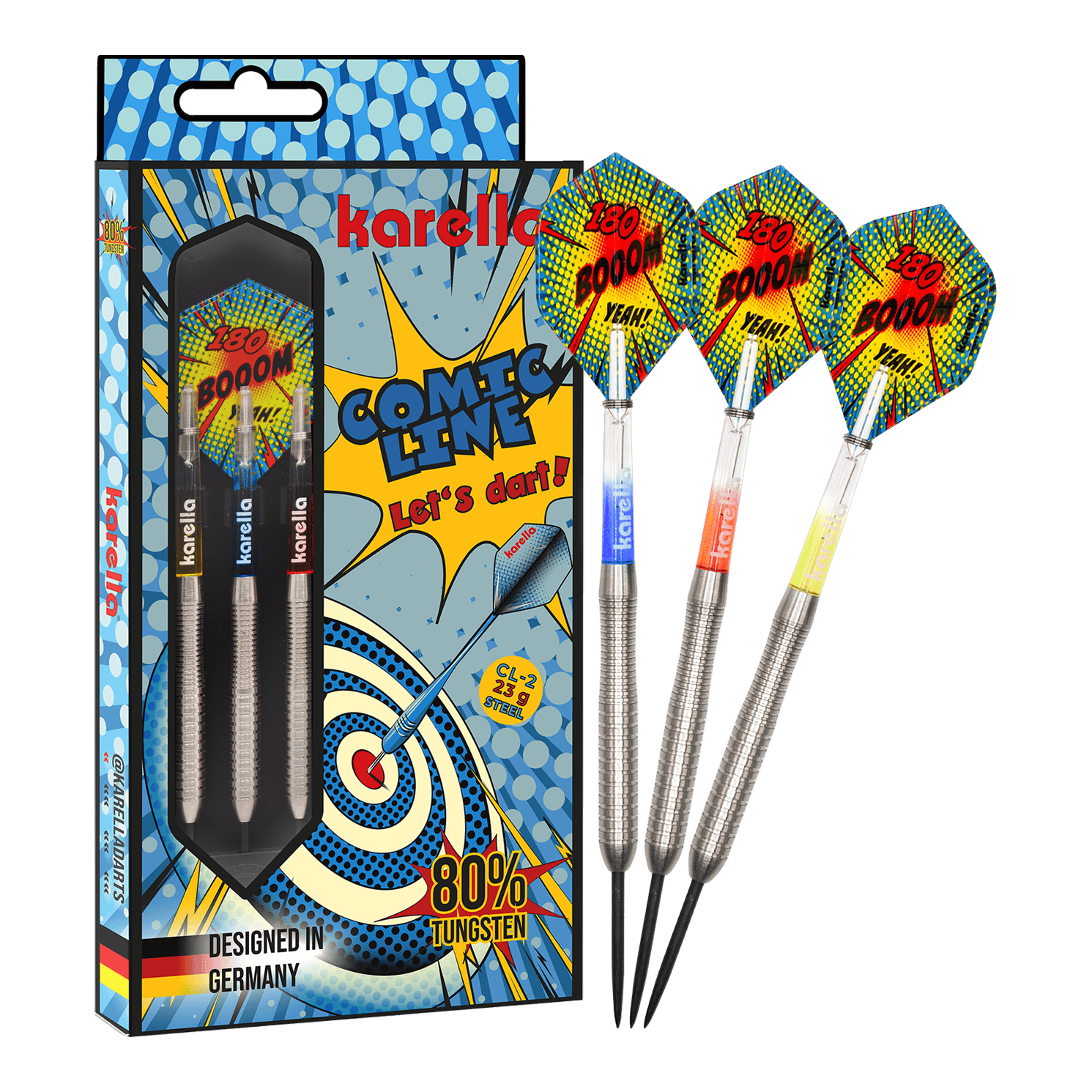 Karella Comic Line CL-2 stalowe lotki - 23g Zu sehen ist das vollständige Set der Karella Comic Line CL-2 Steeldarts in 23g. Die Steeldarts bieten eine gute Balance für ambitionierte Spieler.
