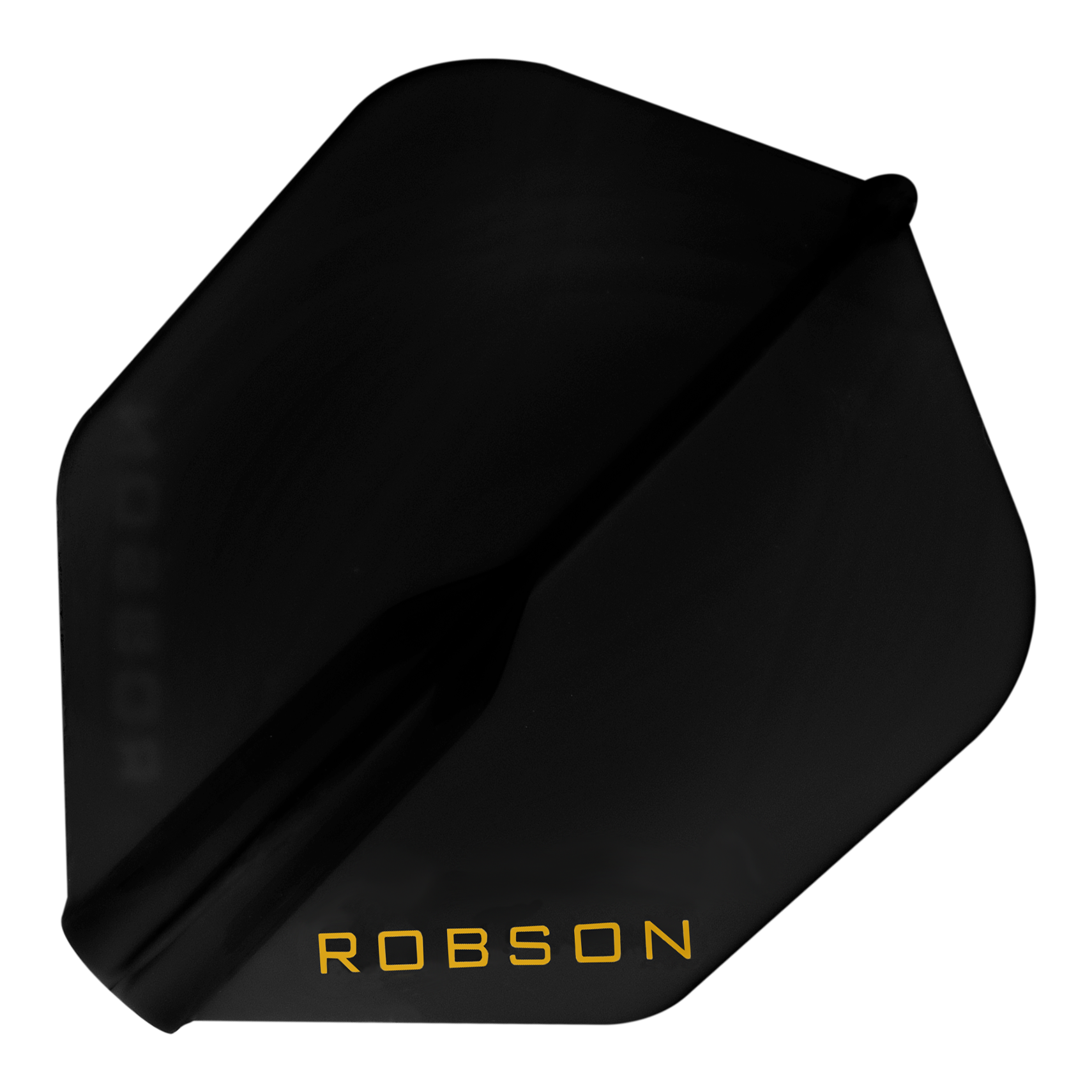 Loty Robson Plus - NO6 Auf dem Bild ist ein schwarzes Dart-Flight zu sehen. In einer Ecke steht das Wort "ROBSON" in gelber Schrift.